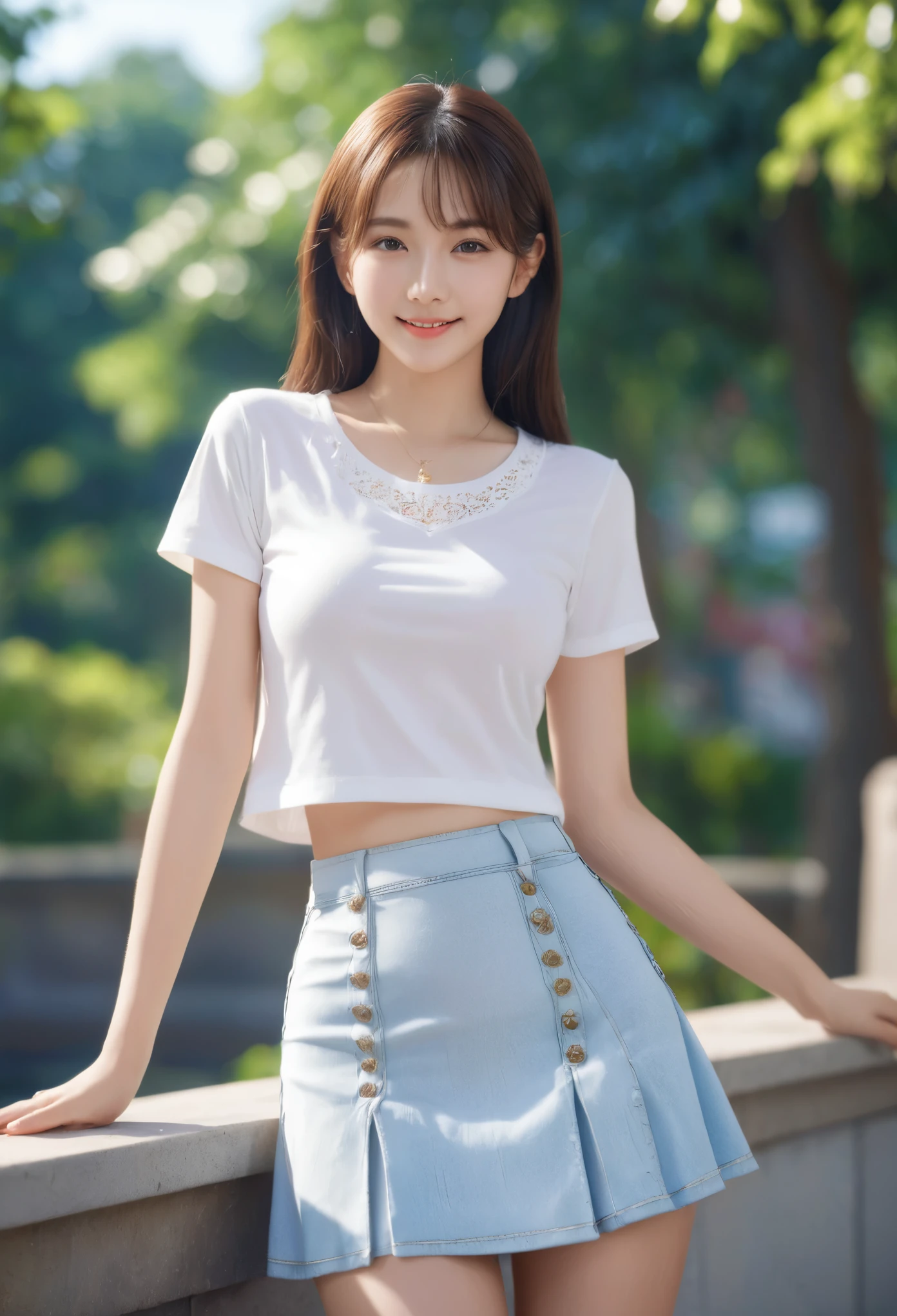 Innocent 18 year old girl、((flare miniskirt,white t-shirts,Dramatic poses)),Smile,short-cut,Park background、Raw photo, (8K、top-quality、​masterpiece:1.2)、(intricate detailes:1.4)、(Photorealsitic:1.4)、octane renderings、Complex 3D rendering ultra detail, Studio Soft Light, Rim Lights, vibrant detail, super detailing, realistic skin textures, Detail Face, Beautiful detail eyes, Very detailed CG Unity 16k wallpaper, make - up, (detailedbackground:1.2), shinny skin, Full body、From head to thigh、cleavage of the breast,((Stand with your hands on the wall with emphasis on your chest))