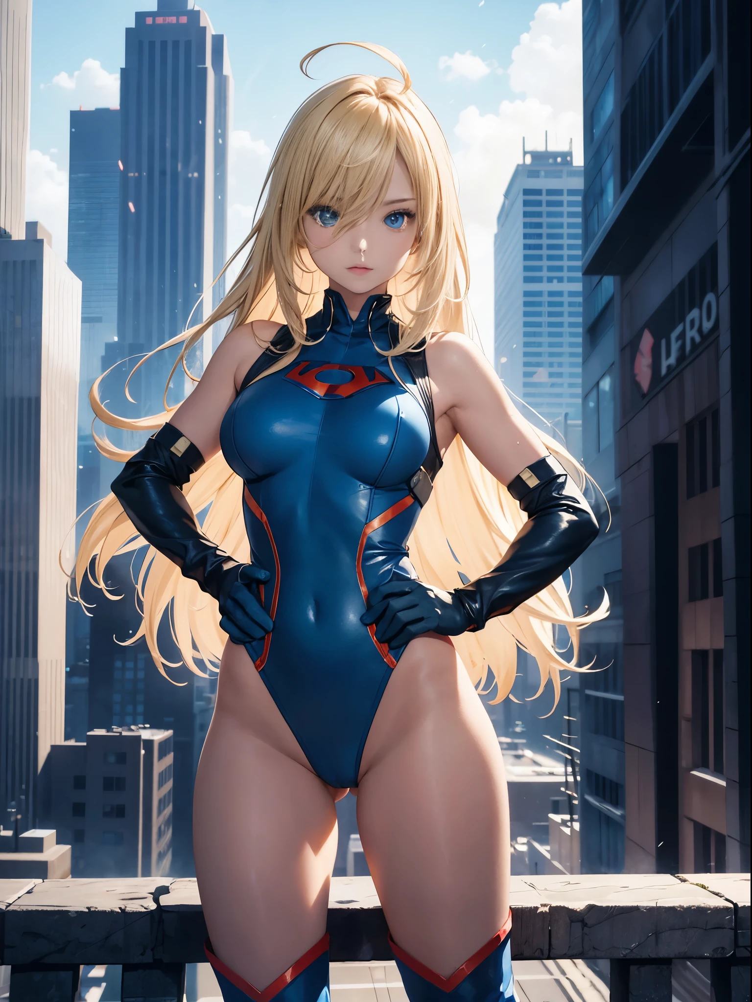 masterpiece, best quality, highres, 1girl, solo, superhero, leotard, bare legs, boots, matching boots, sleeveless, gloves, bracelets, matching gloves, looking at viewer, city backdrop, perfect hands, perfect eyes, perfect leotard, perfect legs, perfect arms, perfect fingers, blue and white leotard, blonde hair, blue eyes, medium breasts, long hair, ahoge, standing straight, hands on hip, full body shot, heroic, blue glow
