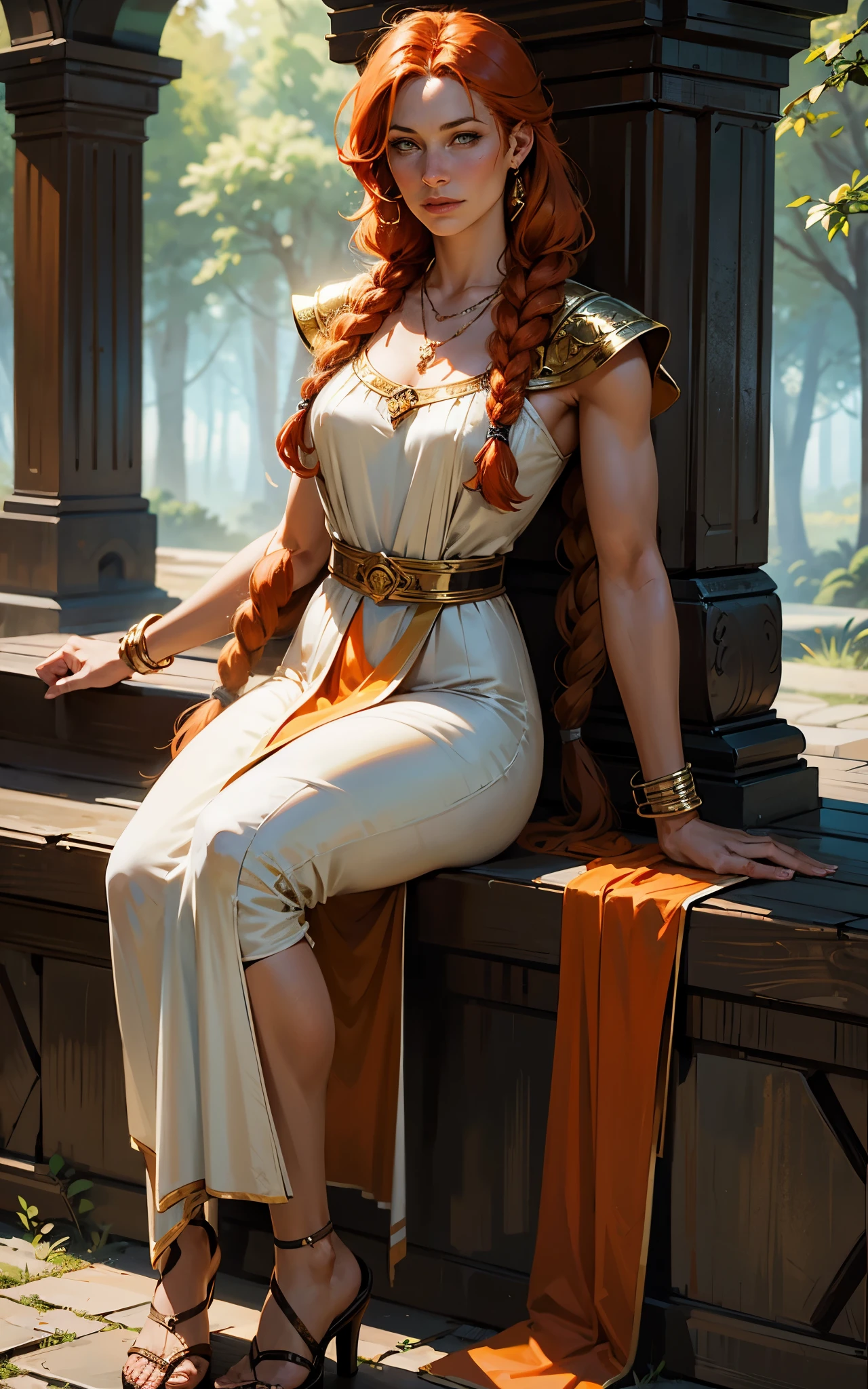 Flamme, (young Lena Headey:Evangeline Lilly), A 35-year-old woman with orange hair, green eyes, sideburns, one large braid, a gold necklace with a ruby pendant, dressed in a white Greek tunic and Roman sandals, with gold bracelets on her arms, forest in the background, masterpiece, hyperdetailed,((1girl)) ,bangs,braided ponytail,single braid,orange hair,very long hair,sidelocks,red earrings,hair over one eye,