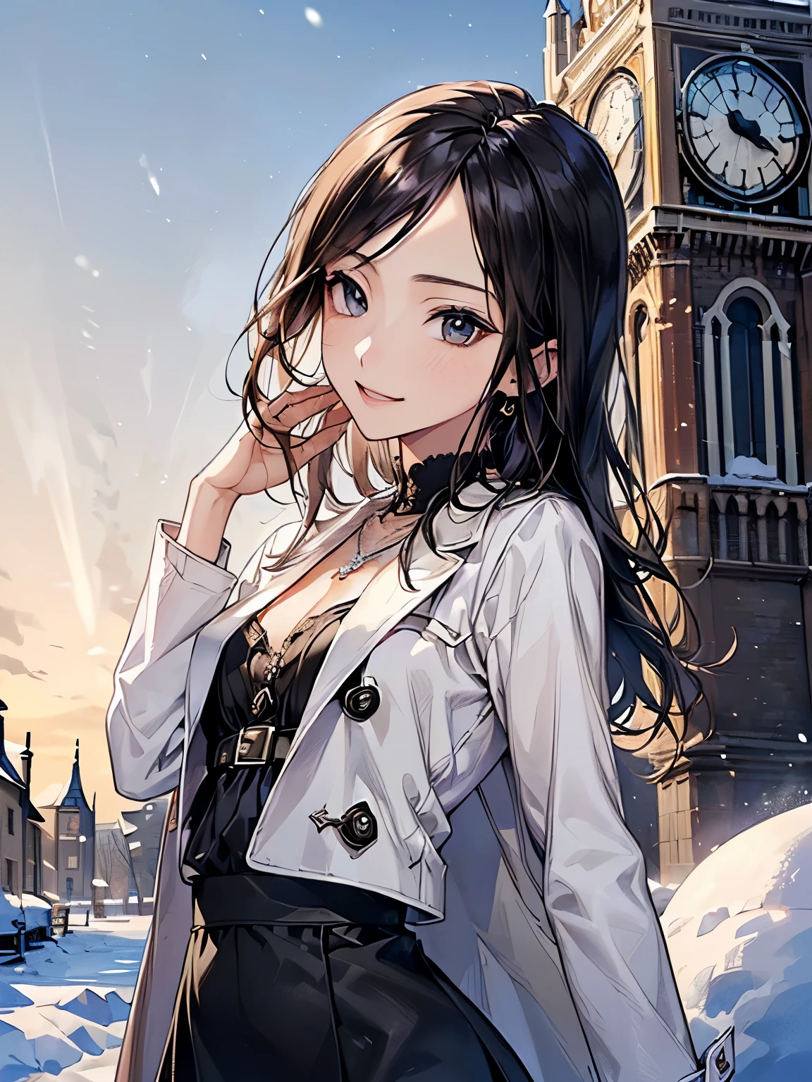((Biologically correct number of limbs))、(( Full body photo including face))、4K、masterpiece、((focus on the face))、((Symmetrical facial features))、Eyes of minute description、Beautiful woman、outstanding style、beautiful arms、beautiful legs、beautiful hands、slender body、(small ass、thin thighs）、(black stockings、high heels）、Detailed depiction of faces、small earrings、necklace、(Upper body shirt、lower body skirt、coat）、snowy morning town、Meet in front of the clock tower、close up of face、smile、clear、Backlight、