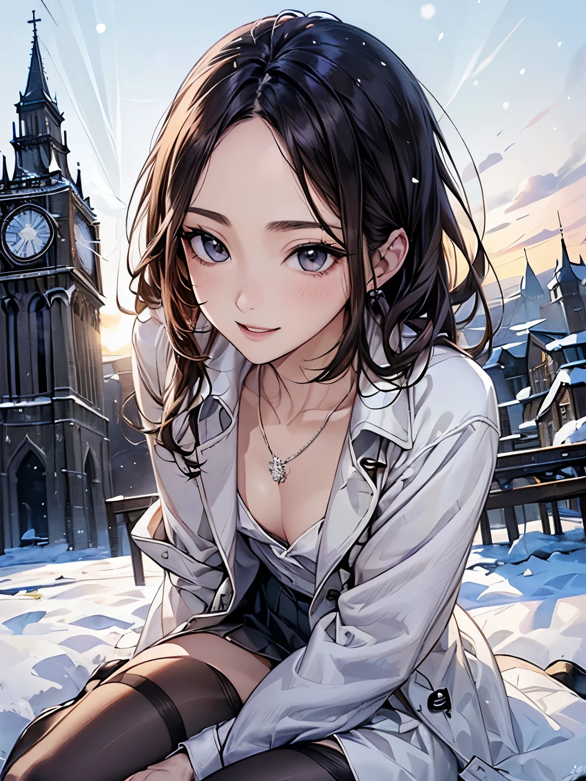 ((Biologically correct number of limbs))、(( Full body photo including face))、4K、masterpiece、((focus on the face))、((Symmetrical facial features))、Eyes of minute description、Beautiful woman、outstanding style、beautiful arms、beautiful legs、beautiful hands、slender body、(small ass、thin thighs)、(black stockings、high heels)、Detailed depiction of faces、small earrings、necklace、(Upper body shirt、lower body skirt、coat)、snowy morning town、Meet in front of the clock tower、close up of face、smile、clear、Backlight、