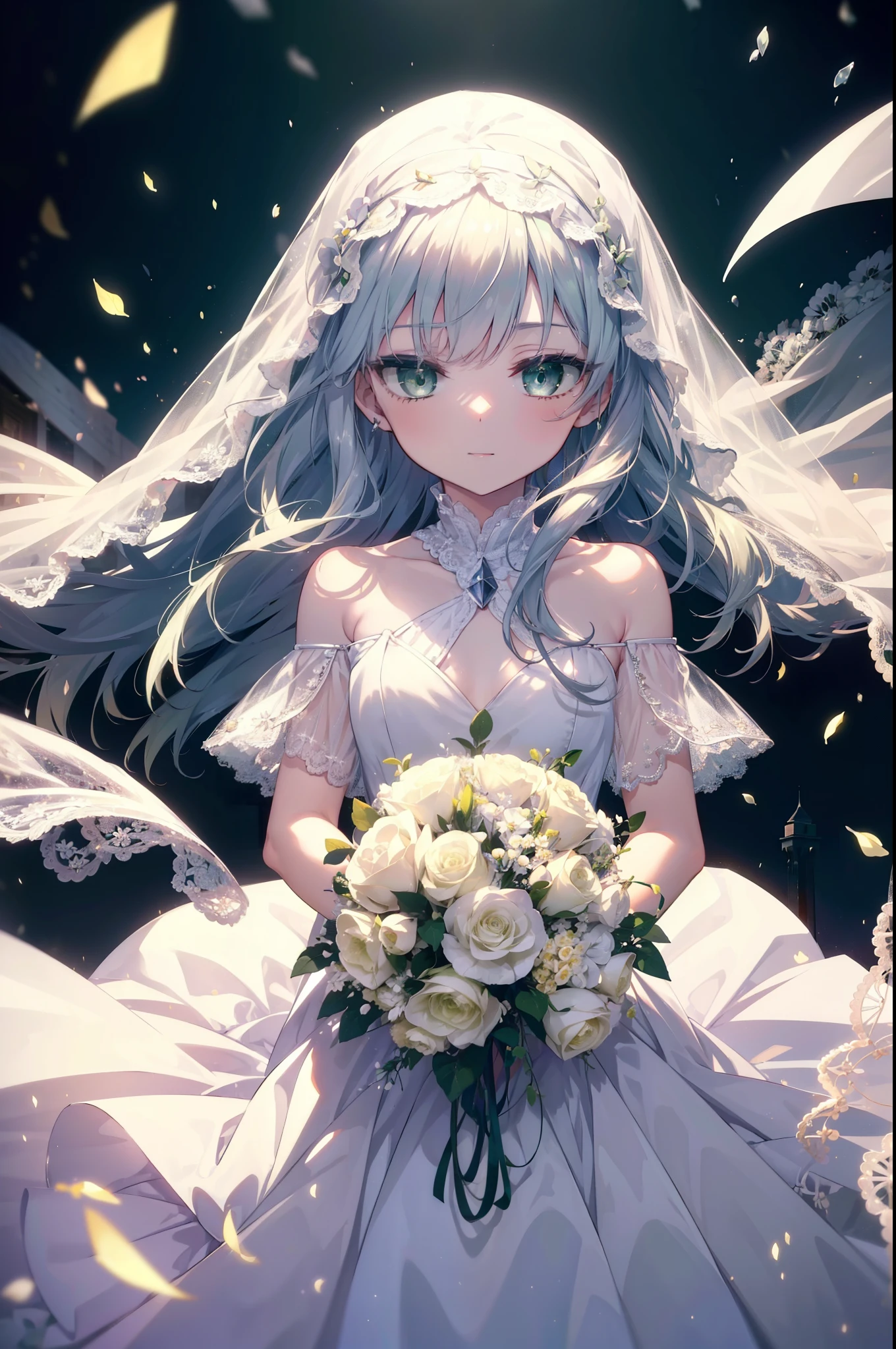 index, index, (green eyes:1.5), silver hair, long hair, (flat chest:1.2), Wedding dress,veil wedding skirt,bouquet,bouquetトス,holding a large bouquet of flowers in both hands, happy smile, smile, open your mouth,
break looking at viewer, Upper body, whole body,
break indoors, church,chapel,
break (masterpiece:1.2), highest quality, High resolution, unity 8k wallpaper, (figure:0.8), (detailed and beautiful eyes:1.6), highly detailed face, perfect lighting, Very detailed CG, (perfect hands, perfect anatomy),