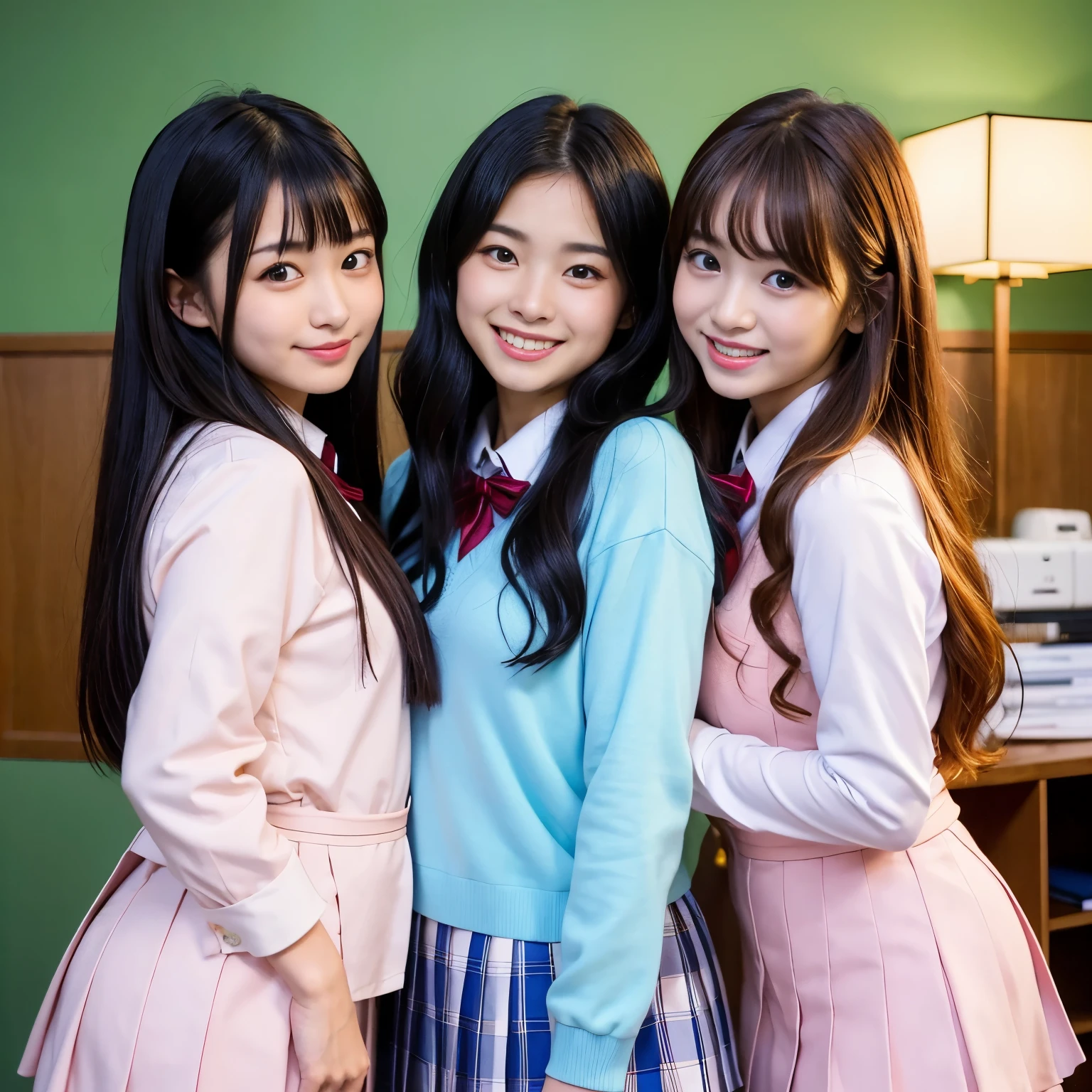 Best-quality, Masterpiece, Ultra-High-Resolution, (Photorealistic:1.4), Raw-Photo, Extremely-Details, Perfect-Anatomies, 3-girls, all 18-years-old and Japanese high-school students, the most popular Japanese idol, the most popular Japanese actress, the most popular Japanese model, (all having a lot of fun at home-party), all different faces, all extremely cute face like the most popular Japanese idolsxenon, all extremely beautiful big-eyes, all extremely beautiful and each different colored hair, all extremely beautiful skins, (((all wearing Japanese high-school uniform))), all innocent-smile