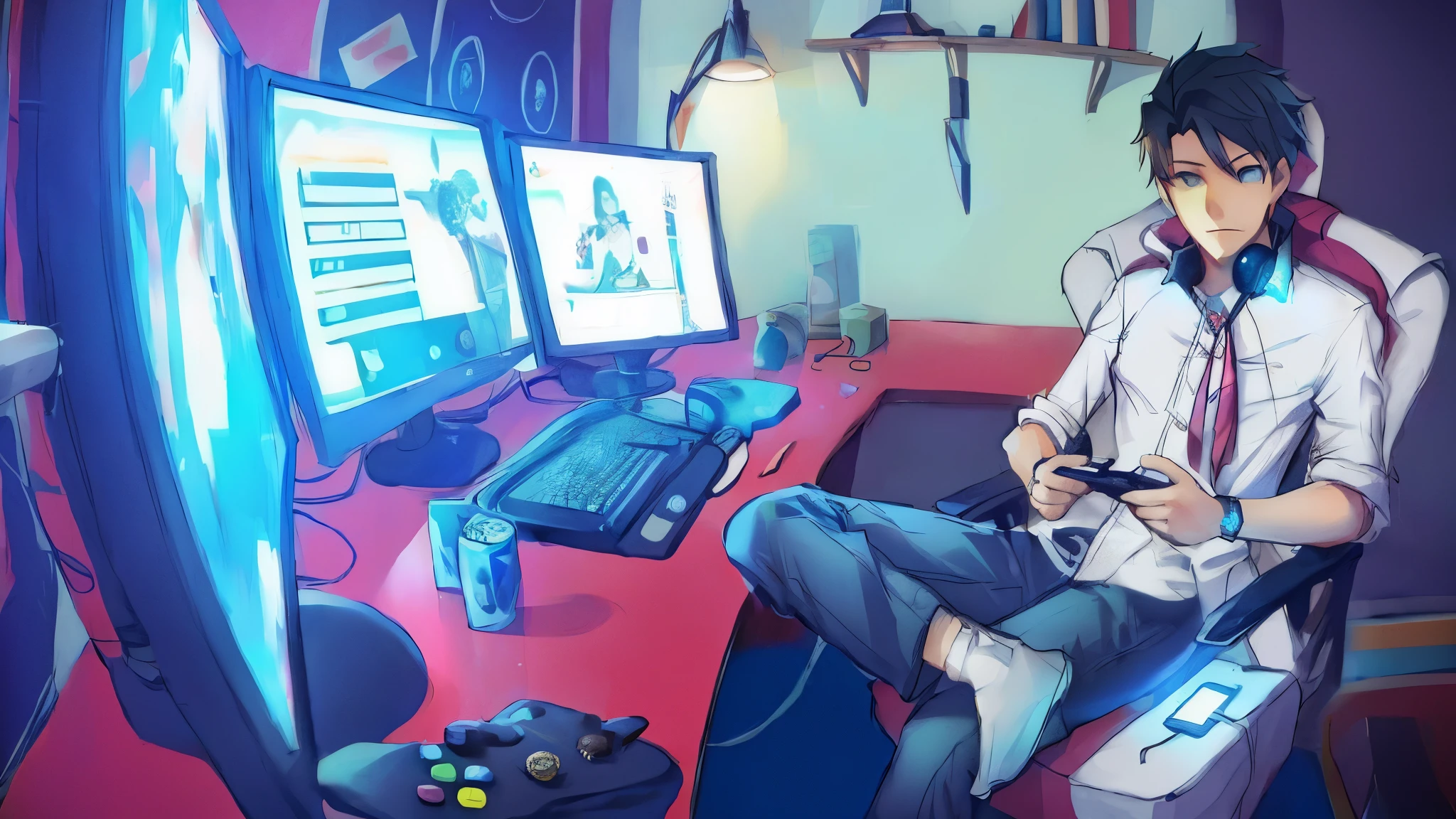 Chica de anime blonde sentada frente a un escritorio de computadora con un controlador de juego, gamer aesthetic, Sala de juegos en 2 0 4 0, Sala de juegos, Jugar videojuegos, juego, Tema Gamer, Jugando, Streamer do Twitch / Jugador Ludwig, Jugar juegos de computadora, Estilo de videojuego, Estilo de videojuego, Cyril Rolando y Goro Fujita, foto de perfil 1024px