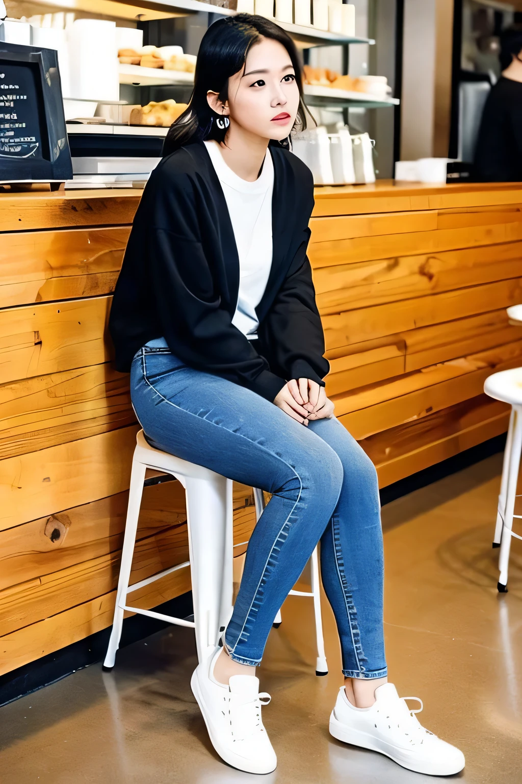 ((highest quality)), A neat and beautiful woman sitting on a chair in a coffee shop、long sleeve blouse、Black skinny jeans、Roll up the hem、sneakers、ear piercing、full body photo、Wear a jacket over your shoulders