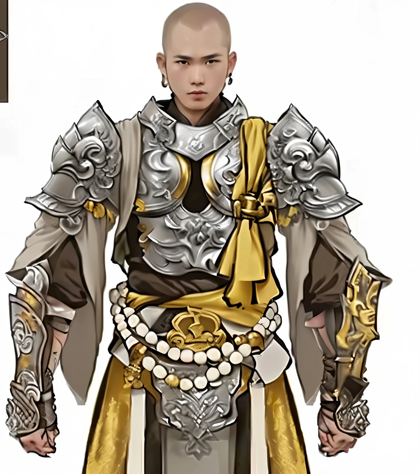 one wearing armor、masterpiece, best quality, actual,Chinese style,,  Warrior characters, high quality characters，heavy white and gold armor，cloth