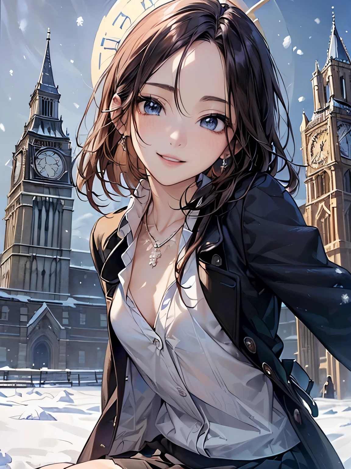 ((Biologically correct number of limbs))、(( Full body photo including face))、4K、masterpiece、((focus on the face))、((Symmetrical facial features))、Eyes of minute description、Beautiful woman、outstanding style、beautiful arms、beautiful legs、beautiful hands、slender body、(small ass、thin thighs)、(black stockings、high heels)、Detailed depiction of faces、small earrings、necklace、(Upper body shirt、lower body skirt、coat)、snowy morning town、Meet in front of the clock tower、close up of face、smile、clear、Backlight、