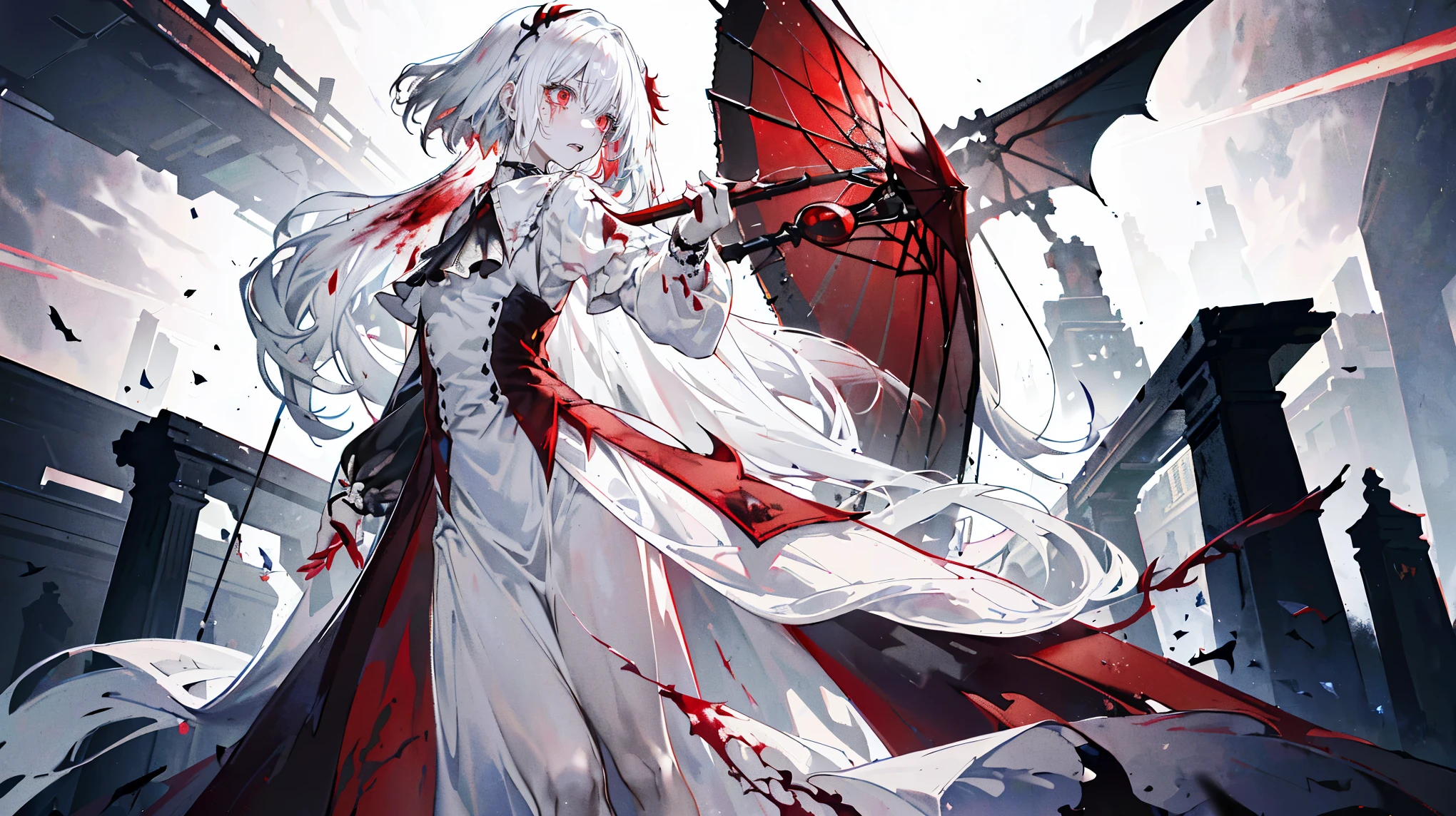 (super detailed)),((illustration)),((masterpiece)),(((need))),((beautifully、最高品质 CG Unity 8K 壁纸masterpiece),((4k,masterpiece,best quality)),Slightly petite woman with pure white hair,scattering,red eye,vampire,Covered with scars,Hands and feet are chained,collar,,There are bats flying around,barefoot,leg rings,black and white robe,pure white veil,Rain of blood,blood red sky,There is blood on the face,The white dress was stained red with blood,Holding a red and white umbrella,a shadow,Ancient and spooky church,Standing above the ruins,Underfoot is a pool of red blood,doomsday scene,cross,Blood and tears flowed from the corners of my eyes,despair,scarlet rose,full body picture
