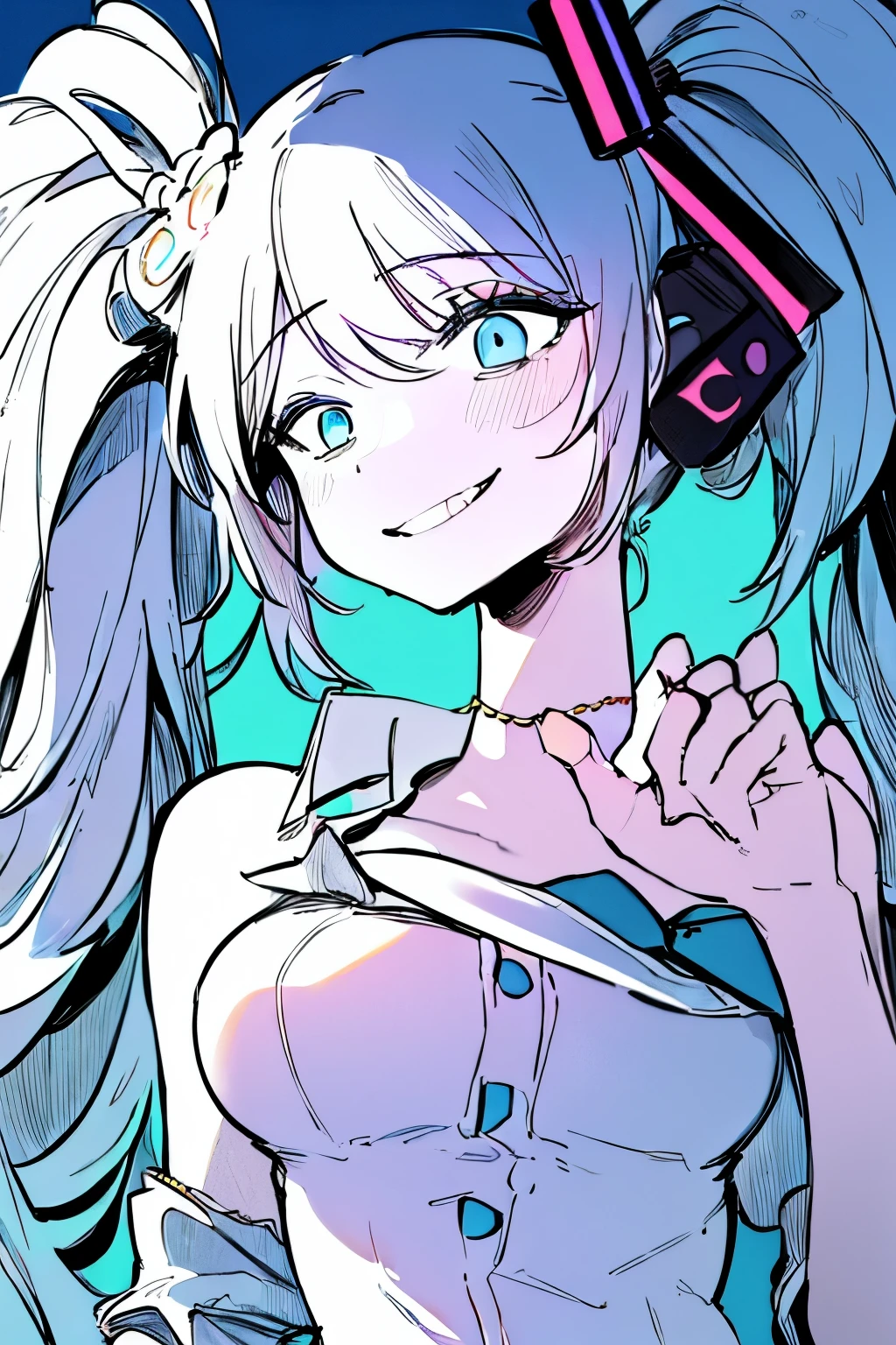 masterpiece,  1girl,   hatsune miku, smile, close-up, upper body, (monochrome:0.8), blue taint,