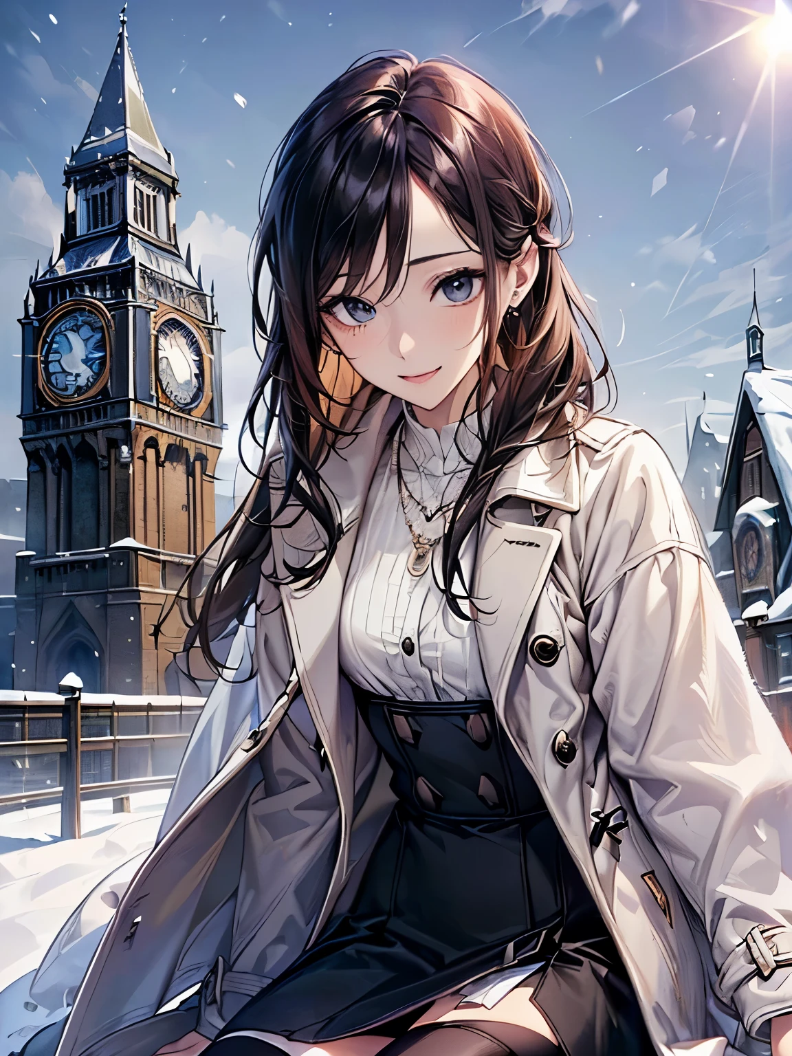 ((Biologically correct number of limbs))、(( Full body photo including face))、4K、masterpiece、((focus on the face))、((Symmetrical facial features))、Eyes of minute description、Beautiful woman、outstanding style、beautiful arms、beautiful legs、beautiful hands、slender body、(small ass、thin thighs）、(black stockings、high heels）、Detailed depiction of faces、small earrings、necklace、(Upper body shirt、lower body skirt、coat）、snowy morning town、Meet in front of the clock tower、close up of face、smile、clear、Backlight、
