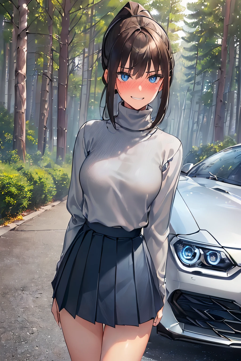 ((best quality)), ((masterpiece)), (detailed), (((perfect face))), ((slender  girl)), (((wearing light grey turtleneck pullover, dark blue pleated skirt))), ((brunette, brown hair)), ((ponytail)), (((blue eyes))), ((shy:1.3)), ((blushing:1.5)), (((grin))) ((skinny thighs)), ((skinny hips)), (((girl looking away))), (((standing next to one silver car, trees))), (((shy arms))), (((bare legs))), (((bare thighs)))