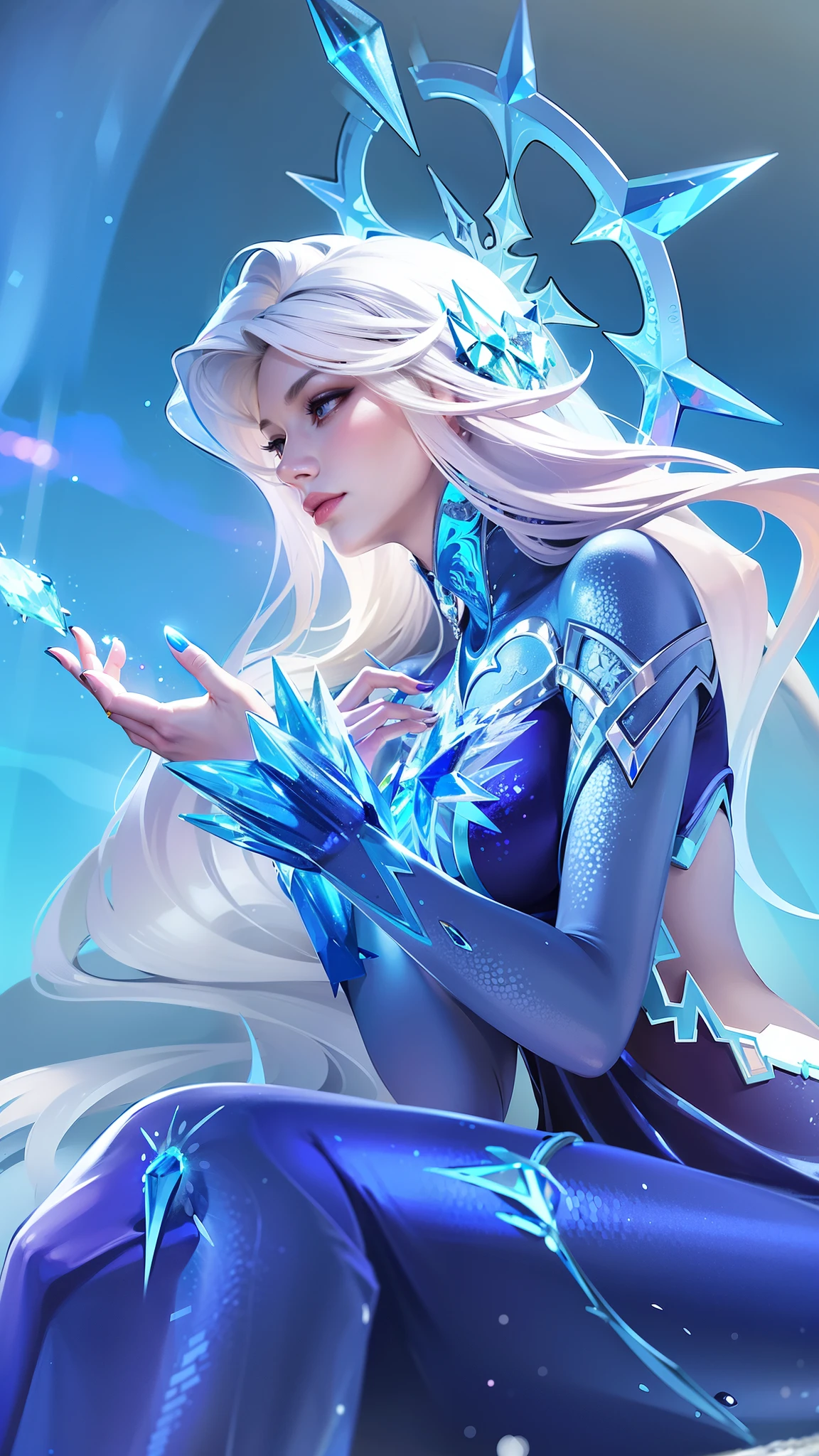 there is a woman in a blue dress sitting on a rock, ice sorceress, queen of ice and storm, ice mage, crystalline skin, ice queen, crystal maiden, beautiful ancient frost witch, ice spell, goddess of winter, extremely detailed artgerm, artgerm detailed, ig model | artgerm, artgerm. high detail