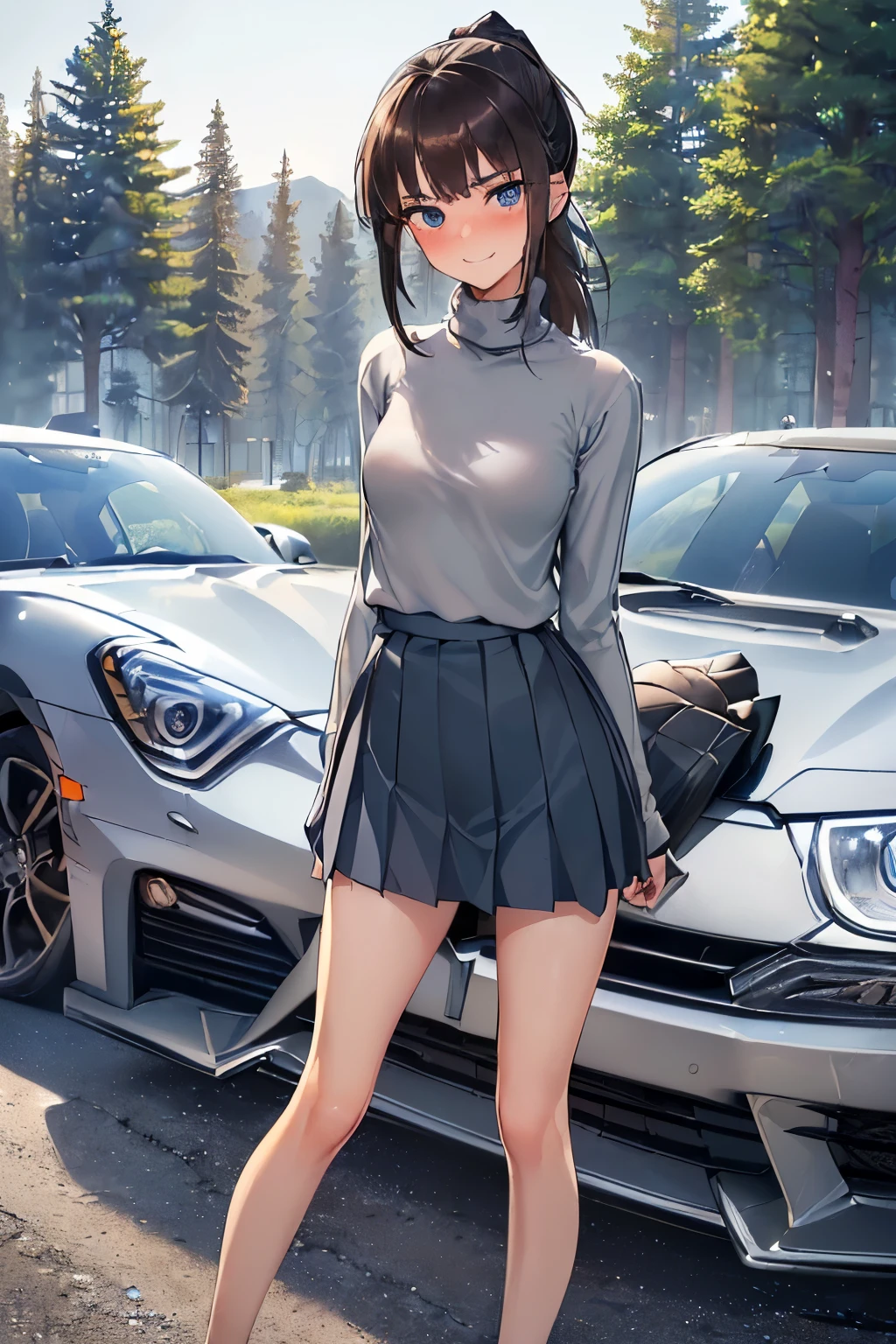 ((best quality)), ((masterpiece)), (detailed), (((perfect face))), ((slender girl)), (((wearing light grey turtleneck pullover, dark blue pleated skirt))), ((brunette, brown hair)), ((ponytail)), (((blue eyes))), ((shy:1.3)), ((blushing:1.5)), (((grin))) ((skinny thighs)), ((skinny hips)), (((girl looking away))), (((standing next to one silver car, trees))), (((shy arms))), (((bare legs))), (((bare thighs)))