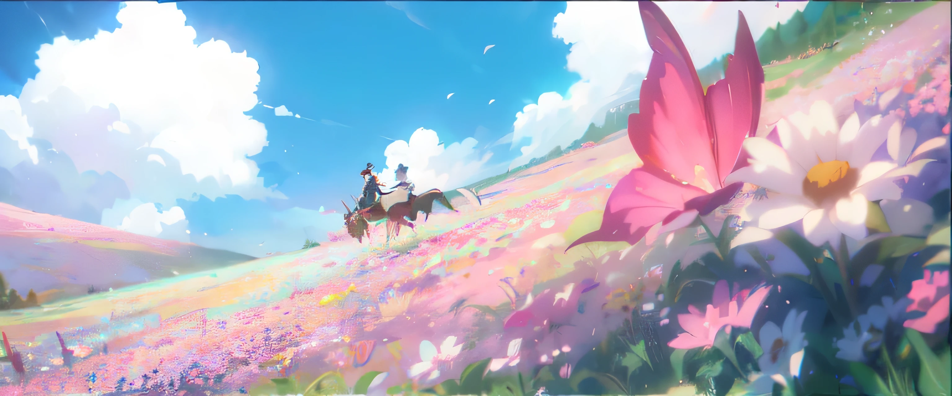 there are two people riding horses in a field of flowers, guweiz and makoto shinkai, anime beautiful peace scene, by Shitao, sakimichan and makoto shinkai, ( ( makoto shinkai ) ), makoto shinkai!, makoto shinkai. —h 2160, beautiful anime scene, by Shingei