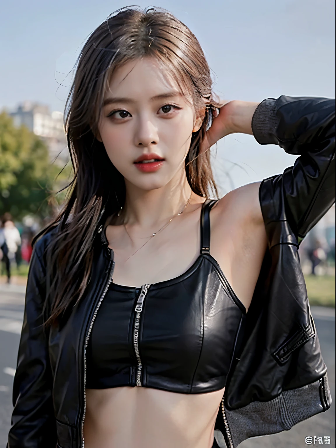 (masterpiece:1.2), 8k,(ultra-realsitic:1.37), in public park, f=1.8, daytime, blurred background, Korean porn actress dancing, (visible left armpit:1.5), face lights, Detailed face, (seductive face:1.5), (a black faux leather jacket:1.5), (grey sports bra under jacket:1.5)