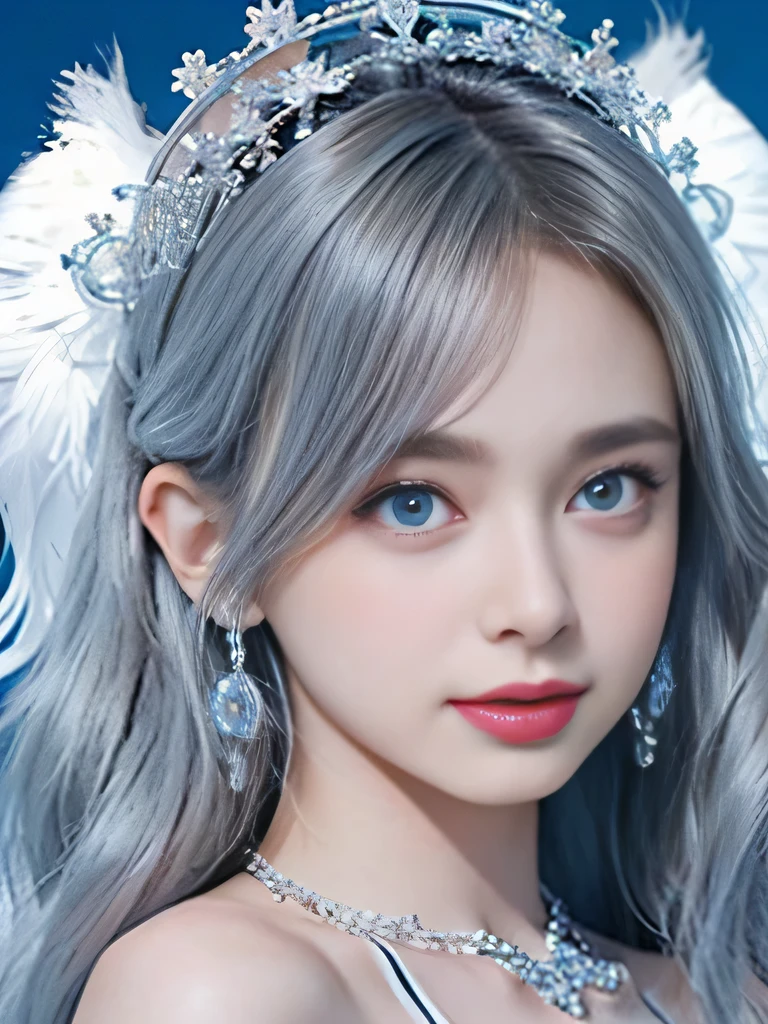 4K、she is a wind fairy、angel wings on the back、blue eyes、Dress that shows your collarbones、blue sky background、close up of face、gray hair、big feathers、Blue and white background、platinum decoration、platinum earrings、platinum necklace、Platinum Silver Hair、platinum silver eyebrows、flashy decoration、random hairstyle、white and blue、smile、clear white skin、well-groomed face、