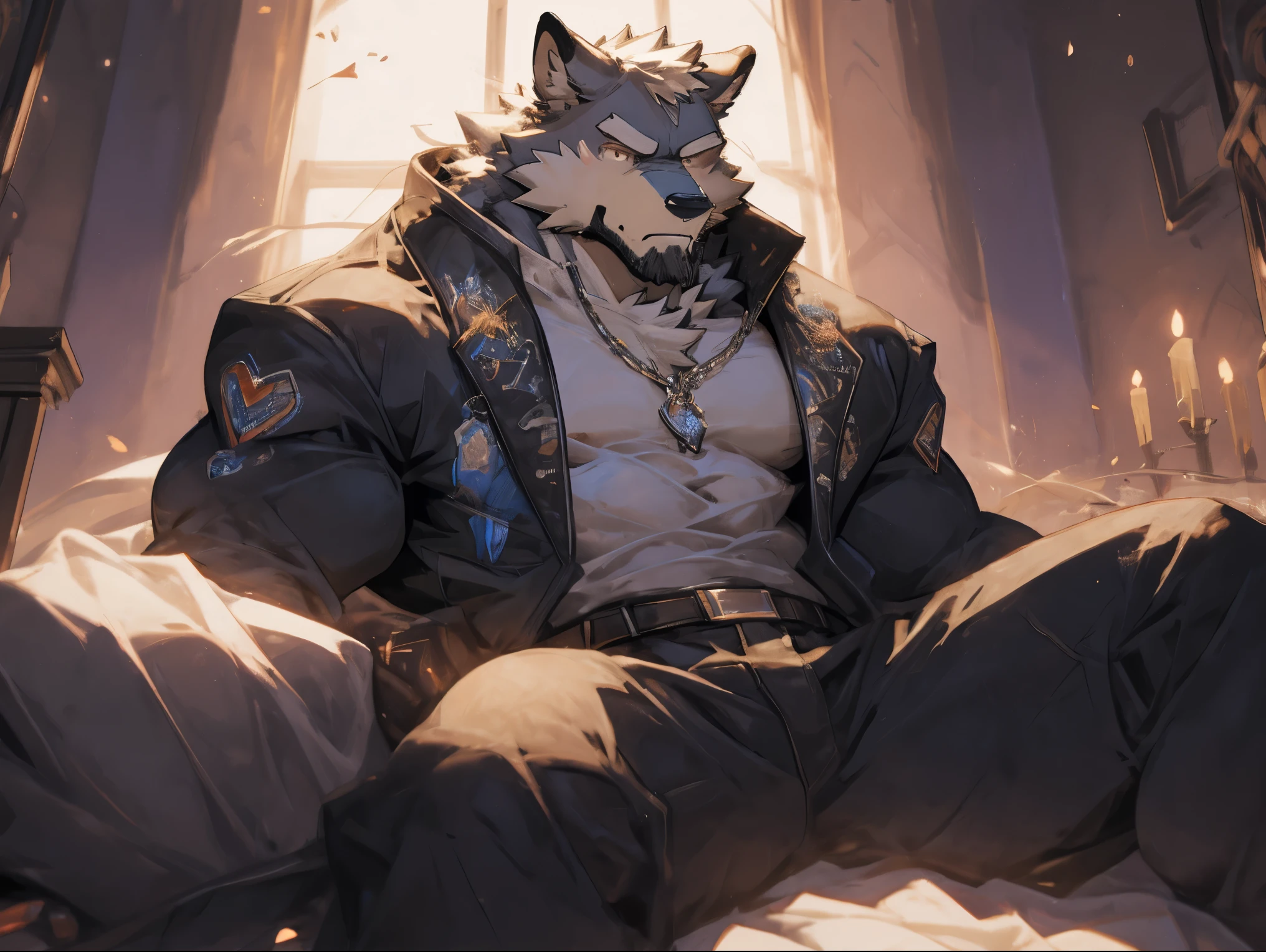 A Very Muscular Furry Gray Wolf. He is wearing A Black Pants And A Black Suit with a belt. He is sad with a sad Face on his face. He is looking at you. He have A Gray messy hair. His left hand is holding A Flip Phone and his right hand is on his leg. He is wearing a black glasses. He is sitting on his bed in his bedroom. He have a black gloves on his hand. He have A Watch on His Arm