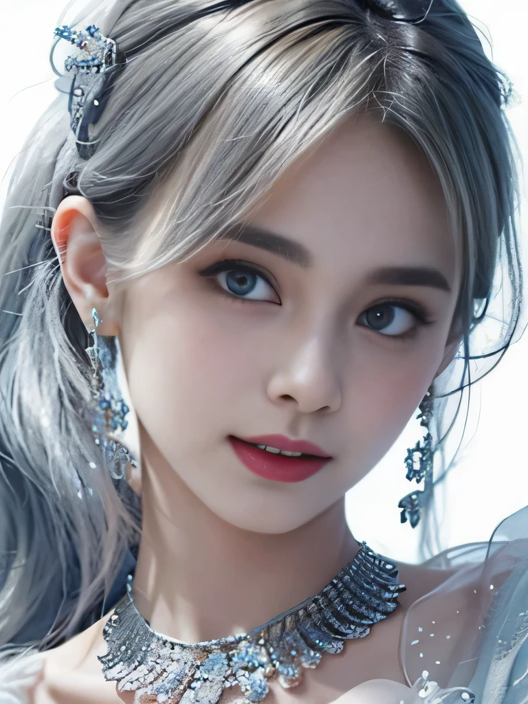 4K、she is a wind fairy、angel wings on the back、blue eyes、Dress that shows your collarbones、blue sky background、close up of face、gray hair、big feathers、Blue and white background、platinum decoration、platinum earrings、platinum necklace、Platinum Silver Hair、platinum silver eyebrows、flashy decoration、random hairstyle、white and blue、smile、clear white skin、well-groomed face、