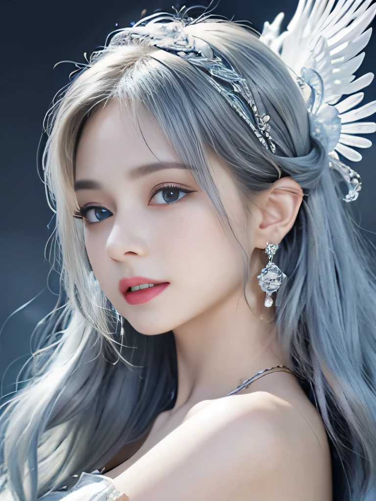 4K、she is a wind fairy、angel wings on the back、blue eyes、Dress that shows your collarbones、blue sky background、close up of face、gray hair、big feathers、Blue and white background、platinum decoration、platinum earrings、platinum necklace、Platinum Silver Hair、platinum silver eyebrows、flashy decoration、random hairstyle、white and blue、smile、clear white skin、well-groomed face、