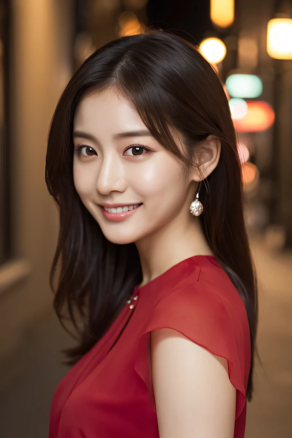 1 girl, (wearing a red blouse:1.2), beautiful japanese actress,
(Raw photo, highest quality), (realistic, Photoreal:1.4), masterpiece, 
very delicate and beautiful, very detailed, 2k wallpaper, wonderful, 
finely, very detailed CG Unity 8K 壁紙, Super detailed, High resolution, 
soft light, beautiful detailed girl, very detailed目と顔, beautifully detailed nose, finelyて美しい目, 
cinematic lighting, night city lights, perfect anatomy, slender body, smile