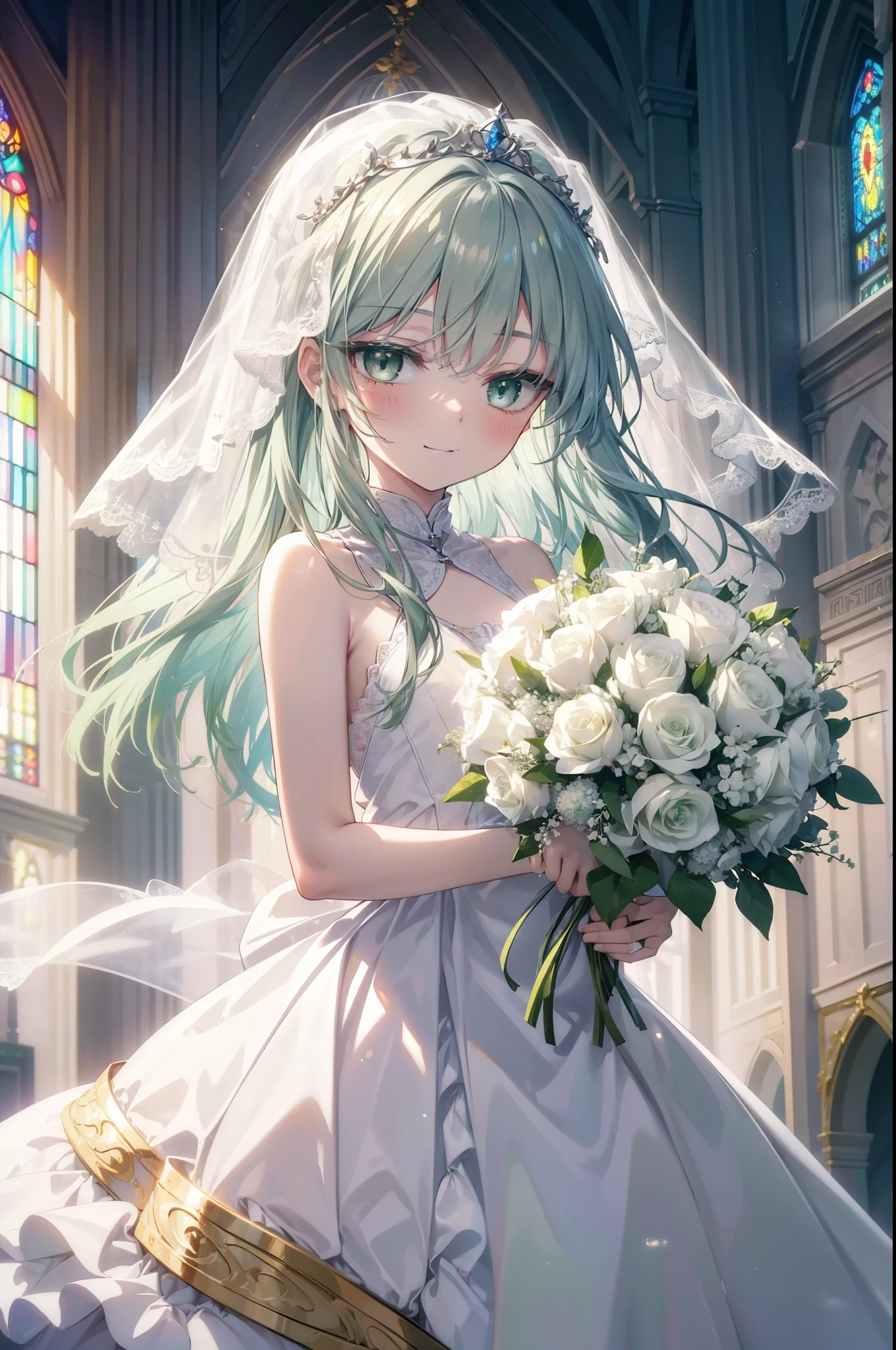 index, index, (green eyes:1.5), silver hair, long hair, (flat chest:1.2), Wedding dress,veil wedding skirt,bouquet,bouquetトス,holding a large bouquet of flowers in both hands,Stand Glass, happy smile, smile, 口を開ける
break looking at viewer, Upper body, whole body,
break indoors, church,chapel,
break (masterpiece:1.2), highest quality, High resolution, unity 8k wallpaper, (figure:0.8), (detailed and beautiful eyes:1.6), highly detailed face, perfect lighting, Very detailed CG, (perfect hands, perfect anatomy),