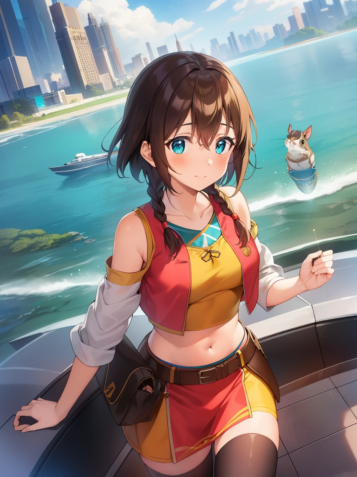 Gargantia on the Verdurous Planet、amy、blush、smile、open your mouth、(brown skin:1.1)、brown hair、short hair、aqua eye、twin braids、(squirrel、Animals on the shoulders) :1.3)、vest、crop top、orange skirt、belt、Are standing、see the beholder、light、Ocean、cloud、fleet city「Gargantia fleet」A girl working as a messenger who delivers letters etc.。15 years old。Expressive and curious。Action。Skilled in handling kites and gliders、Delivery work and scouting。Sometimes I dance as a dancer at festivals.。I get the impression of being free-spirited、The reason why I continue to work as a messenger is for my younger brother Bevel, who is sickly and rarely goes out.、I collected parts that could be used for a ship model for him.、talking about what happened outside, etc.、She also has the side of an older sister who cares about her younger brother.。Deepen interaction with Ledo、I was helping him gain humanity.、After Ledo killed the whale squid、begin to feel a gap in perception。When the fleet splits up, he tries to hold Ledo back, but to no avail.、He himself did not go with Ledo and Pinion because he had to take care of Bevel.。Gargantia fleetがクーゲル船団に攻撃される危機の中、I went out on my own as a scout to the Kugel fleet.、Restart with Ledo、I'm back