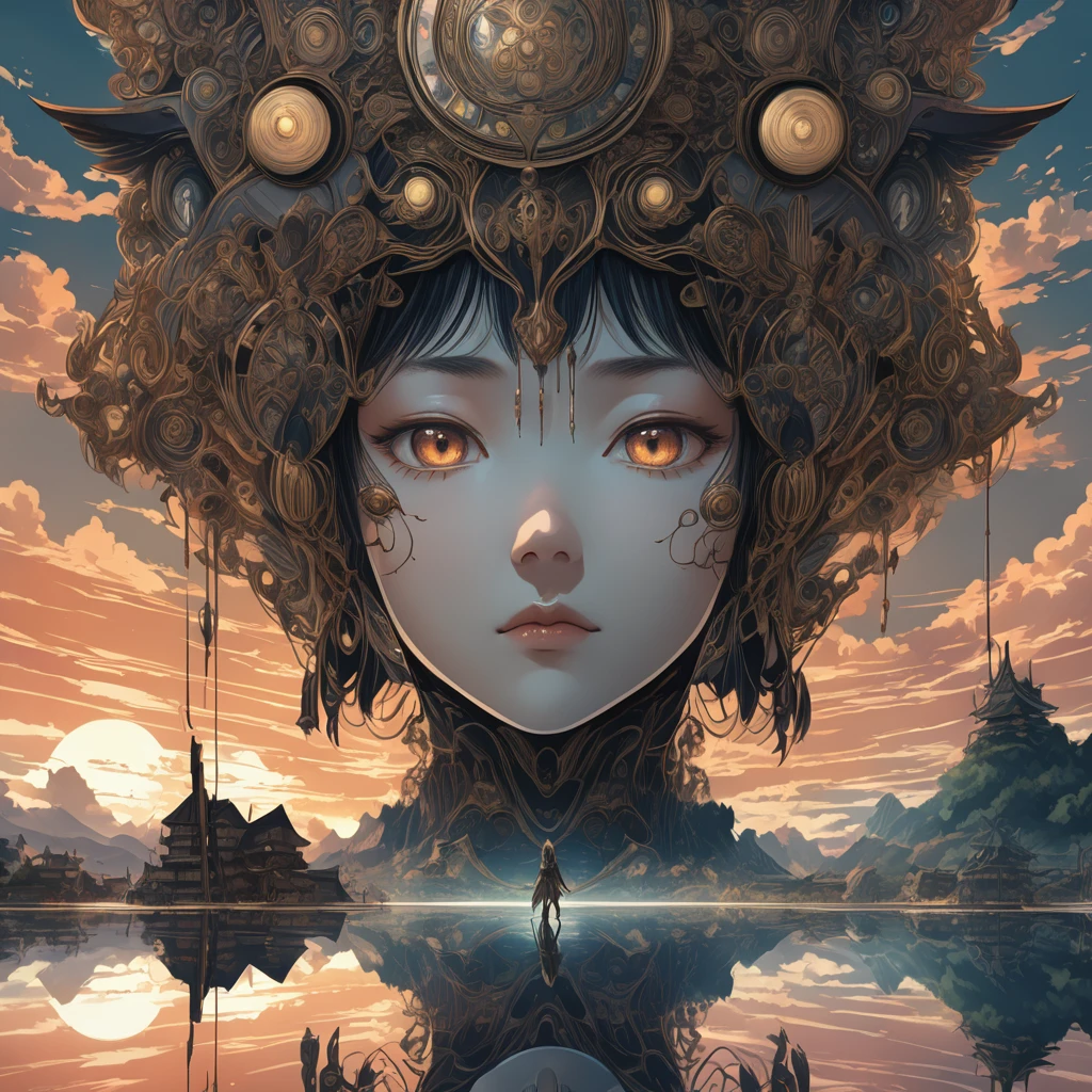 Reflection, aesthetic, extremely detailed, Reflection of Tsutomu Nihei, Anime, fantasy illustration, award winning, intricate details, realistic, Hyperdetailed, 8k resolution, symmetrical, strong strokes