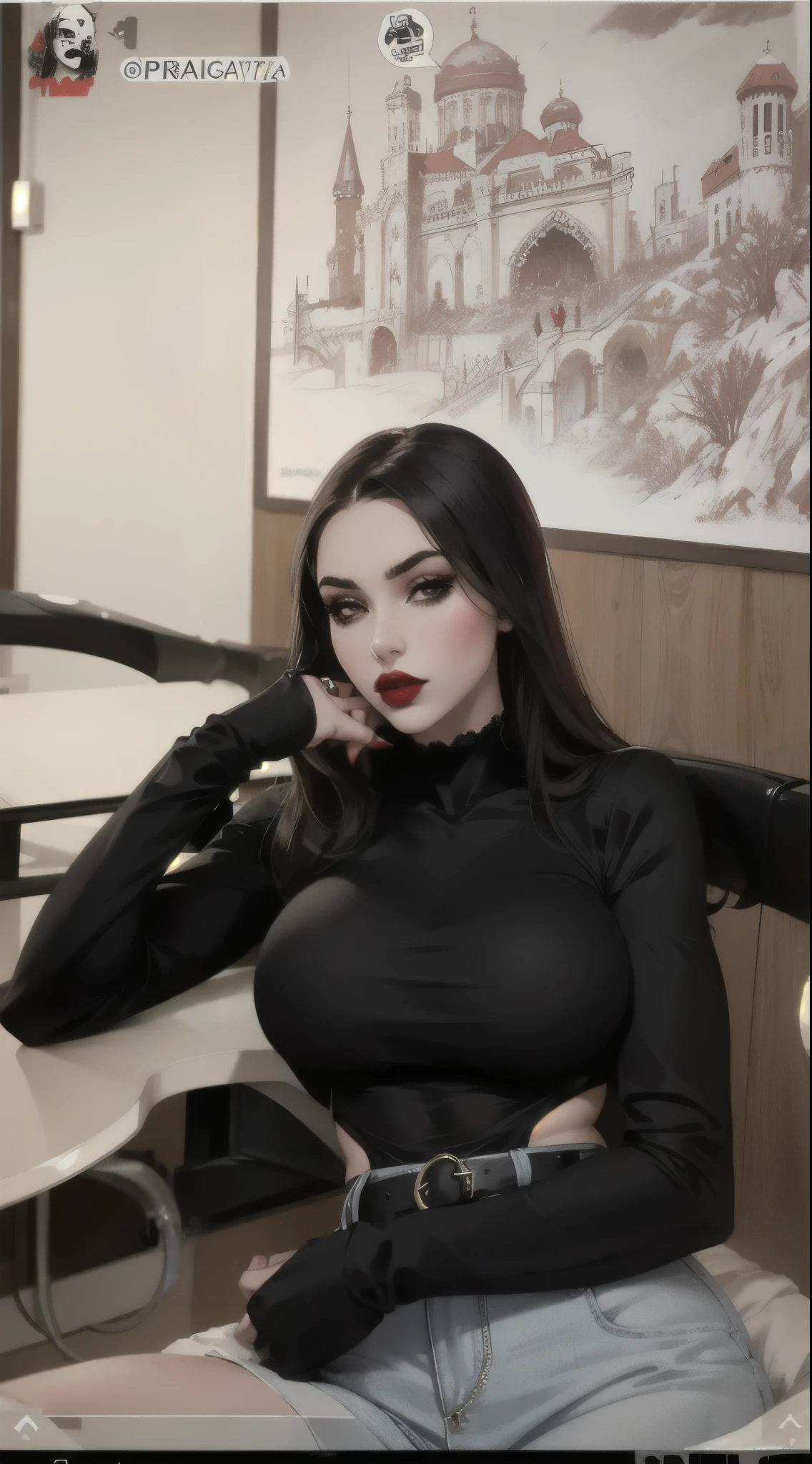 Beautiful gothic killer girl, Big breasts, tight clothes, big lips, Red lipstick, dark makeup