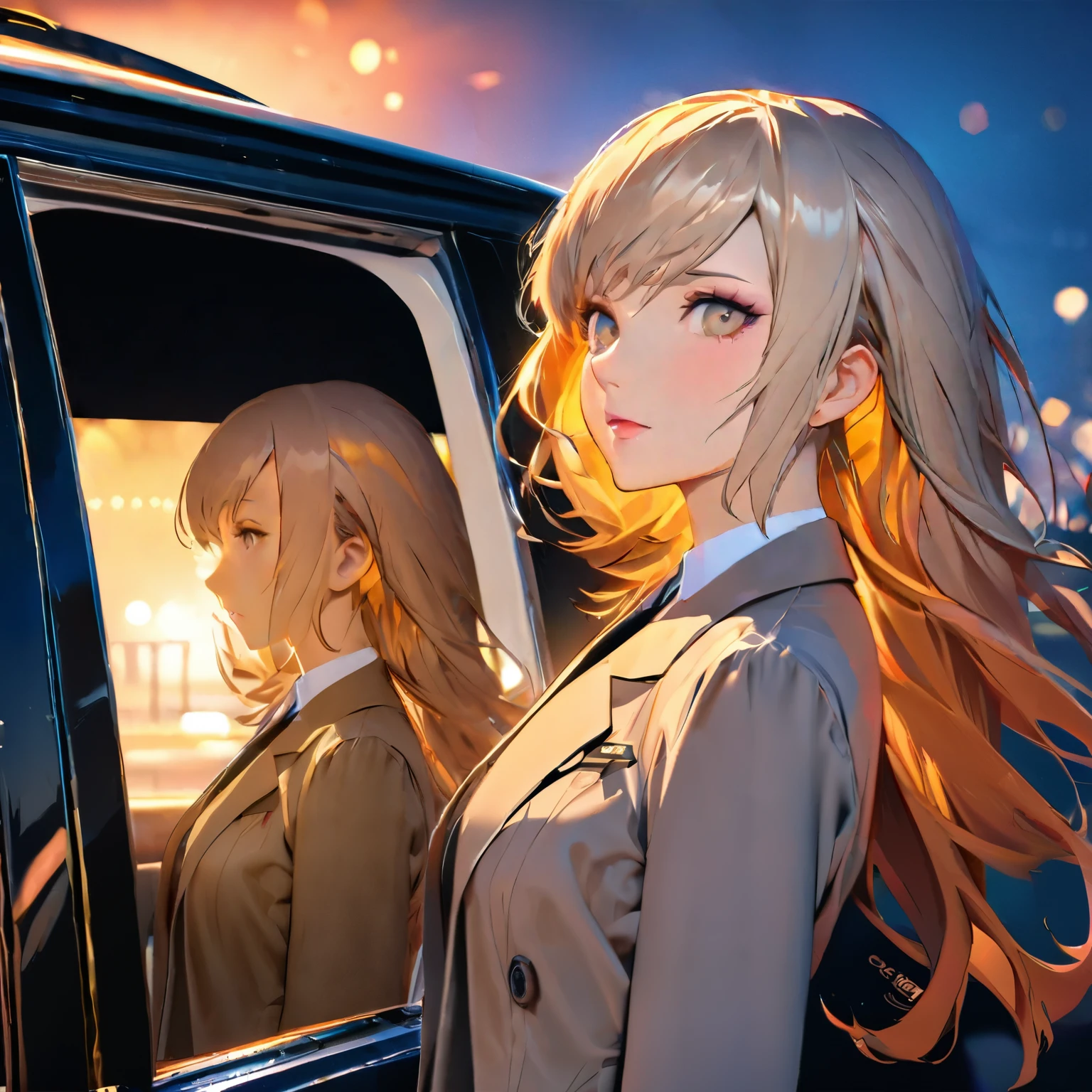 (best quality,8k,highres, masterpiece:1.2), ultra-detailed, HDR, UHD, studio lighting, ultra-fine painting, sharp focus, physically-based rendering, extreme detail description, professional, vivid colors, bokeh, portraits, concept artists, warm color palette, dramatic lighting,(shiny hair:1.4),A woman looks good in loose clothes reflected in the car window, a woman with her back turned, the reflection in the car window is on a beautiful hill with a blue sky with cherry blossoms in full bloom, an intersection where a car stops, a woman at the intersection is wearing a suit, an intersection at dusk,persona 3 style,