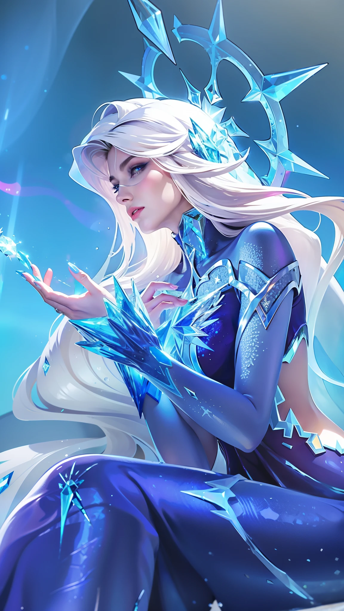 there is a woman in a blue dress sitting on a rock, ice sorceress, queen of ice and storm, ice mage, crystalline skin, ice queen, crystal maiden, beautiful ancient frost witch, ice spell, goddess of winter, extremely detailed artgerm, artgerm detailed, ig model | artgerm, artgerm. high detail