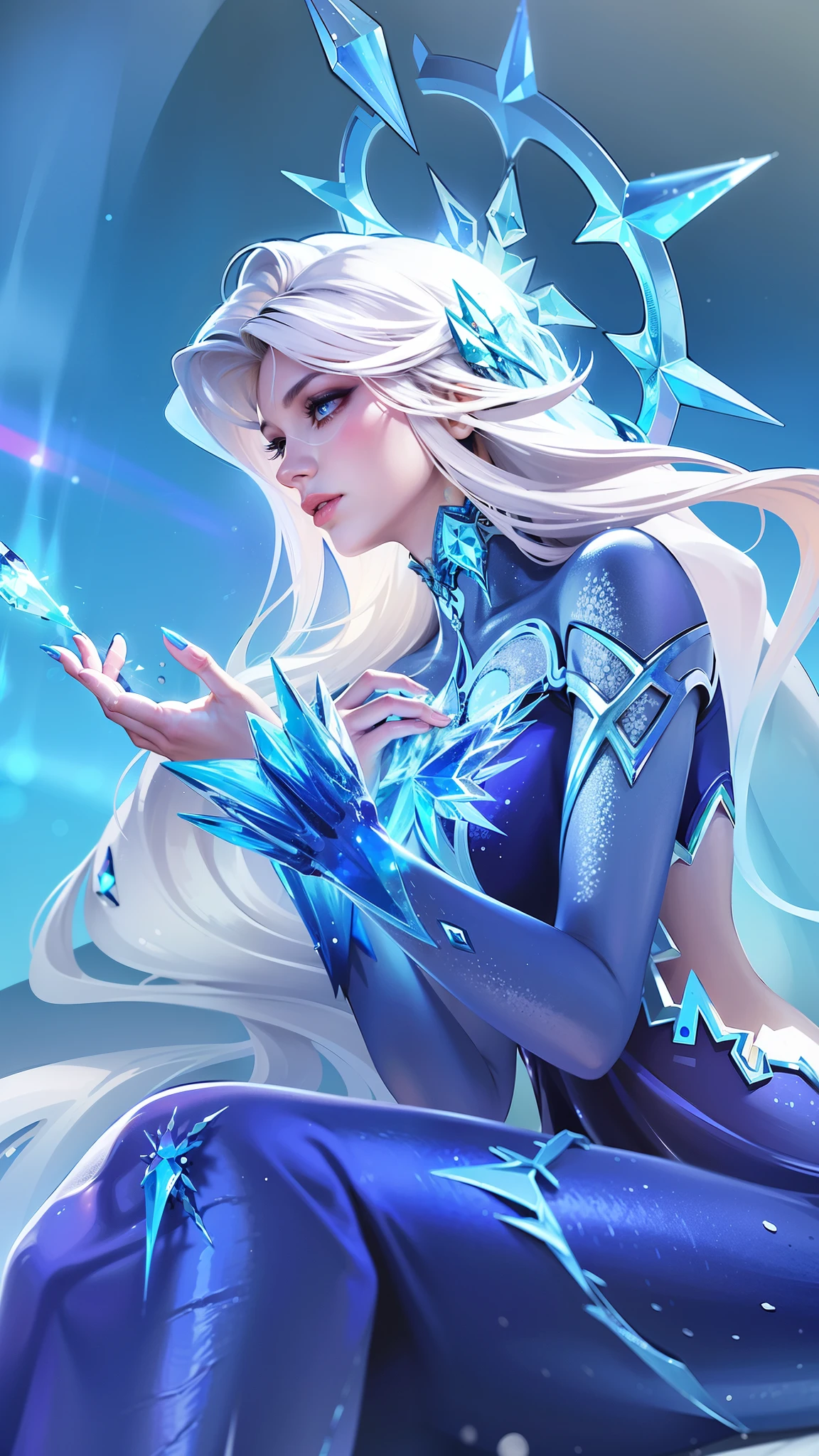 there is a woman in a blue dress sitting on a rock, ice sorceress, queen of ice and storm, ice mage, crystalline skin, ice queen, crystal maiden, beautiful ancient frost witch, ice spell, goddess of winter, extremely detailed artgerm, artgerm detailed, ig model | artgerm, artgerm. high detail