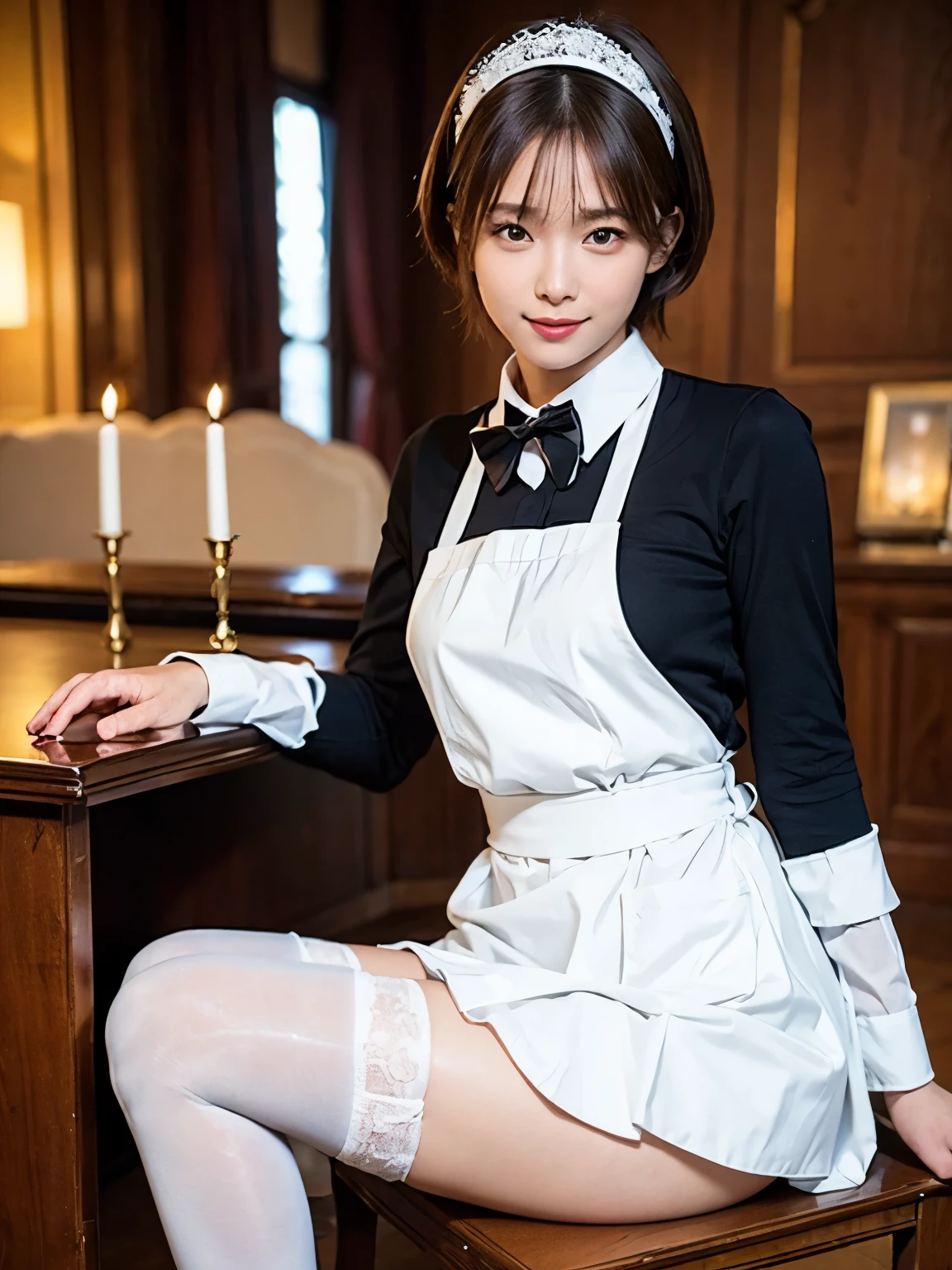 (8K, RAW photo, highest quality, masterpiece:1.2), (realistic, photo-realistic:1.37), super detailed, ultra high resolution,1 girl,looking at the viewer,beautiful detailed face,smile,narrow,(slim waist:1.3), Beautiful and smooth skin, skin texture, floating hair,professional lighting, maid costume, maid headdress, frills, short skirt, maid apron, (shiny oily skin:1.25), Sitting on a white carpet, pantyhose, Thighhighs, knee high,