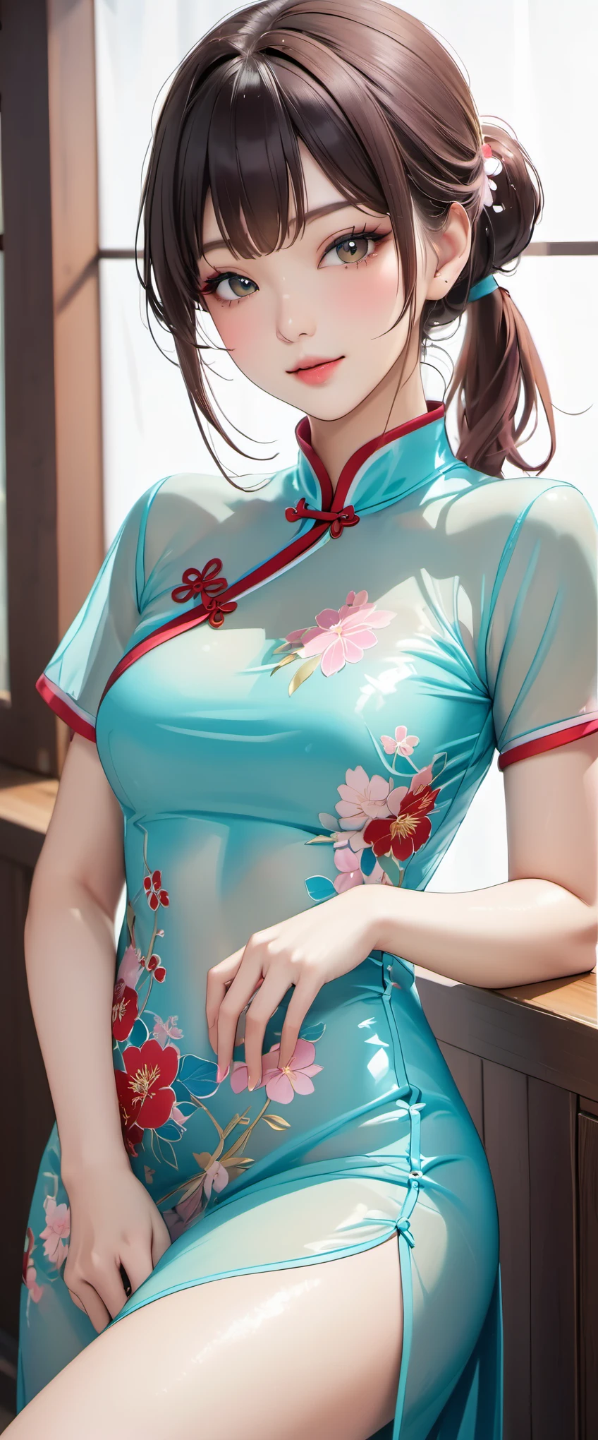 (masterpiece,highest quality,超A high resolution),japanese woman, (((Very beautiful 25 year old girl))), pretty girl、look at the photographer、 ((beautiful low ponytail)), super cute face, glossy lips, double eyelids in both eyes,natural smile、 natural makeup, long eyelashes, Shiny and smooth hair、center image, perfect limbs, perfect anatomy,(((China dress)))、((See-through)),wet with sweat,
