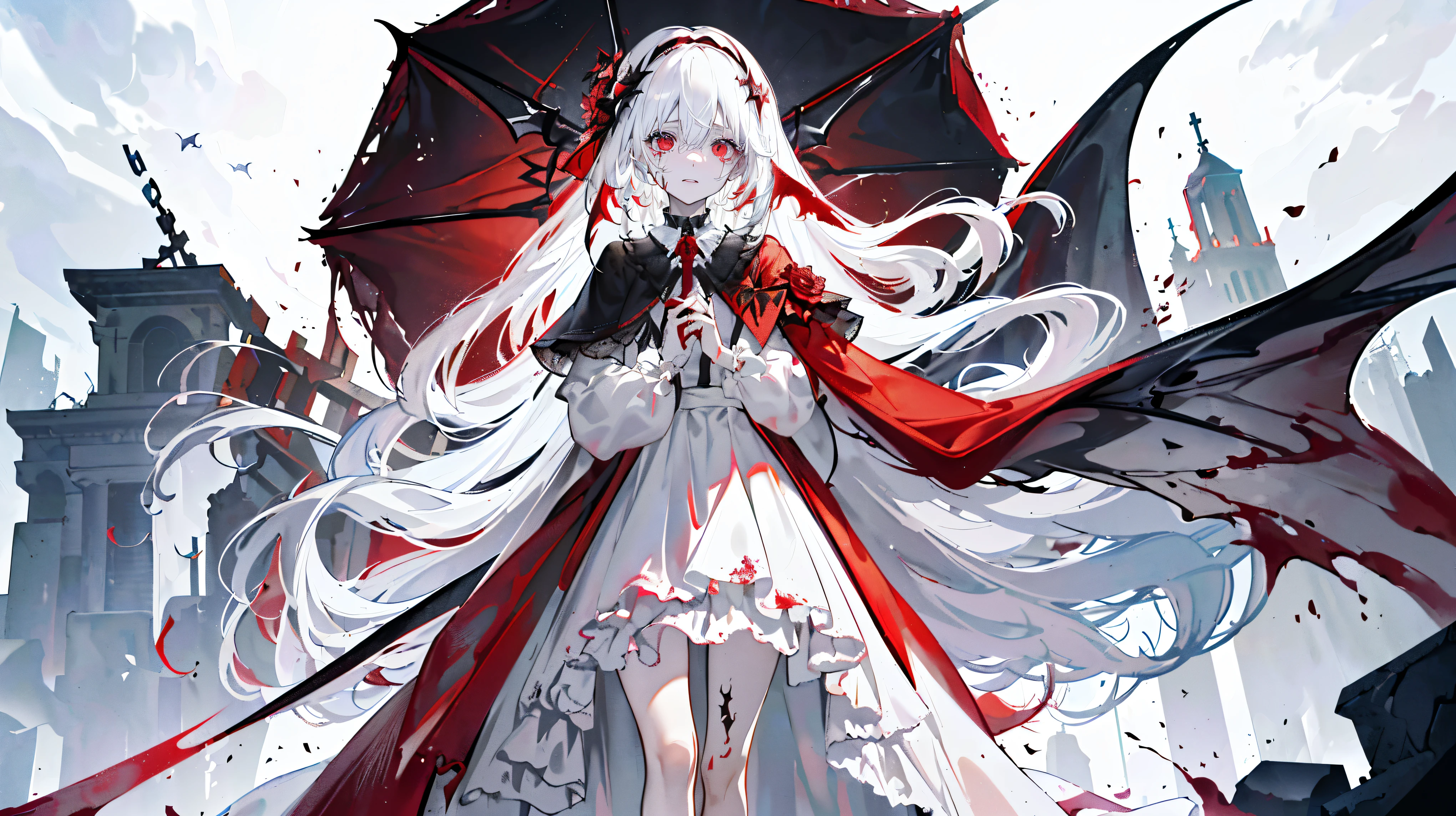 (super detailed)),((illustration)),((masterpiece)),(((need))),((beautifully、最高品质 CG Unity 8K 壁纸masterpiece),((4K,masterpiece,best quality)),woman with pure white hair,scattering,red eyes,vampire,Covered with scars,His hands and feet are tied with chains,collar,,There are bats flying around,barefoot,leg rings,Black and white robes,pure white veil,Rain of blood,blood red sky,There is blood on the face,The white skirt was stained red with blood,Holding a red and white umbrella,A shadow,Ancient and eerie church,Standing above the ruins,There is a pool of red blood under your feet,doomsday scenario,cross,Blood and tears flow from the corners of my eyes,despair,scarlet rose,full body pictures