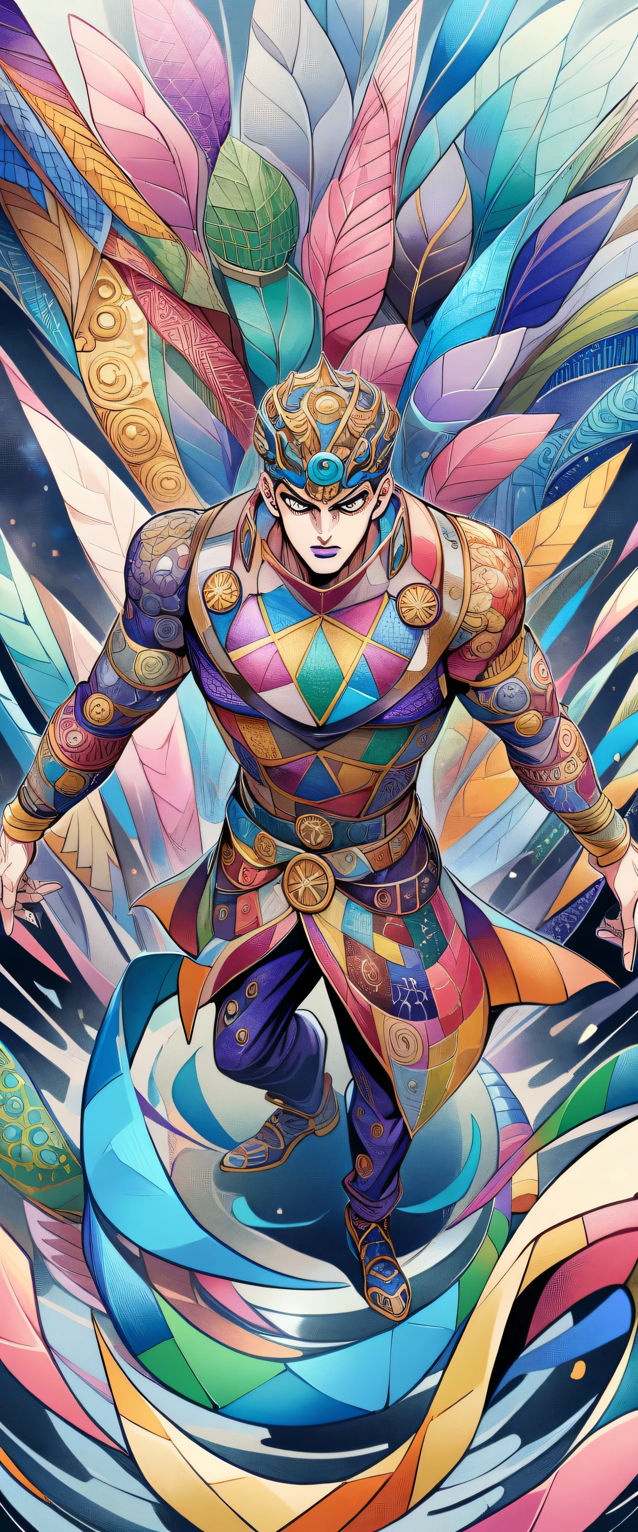 1 boy, Jojo, Jojoの奇妙な冒険, Jojo立ち,((standing on the mirror surface of the water:reflection)),Hirohiko Araki'Style,zentangle elements,rendering,rich colors,Cast colorful spells,intricate details,Highestの構図,perfect composition,An illustration,nice,Highest,Highestにクール,anatomically correct,structurally correct,draw with thick lines,characteristic,Composition viewed diagonally from above