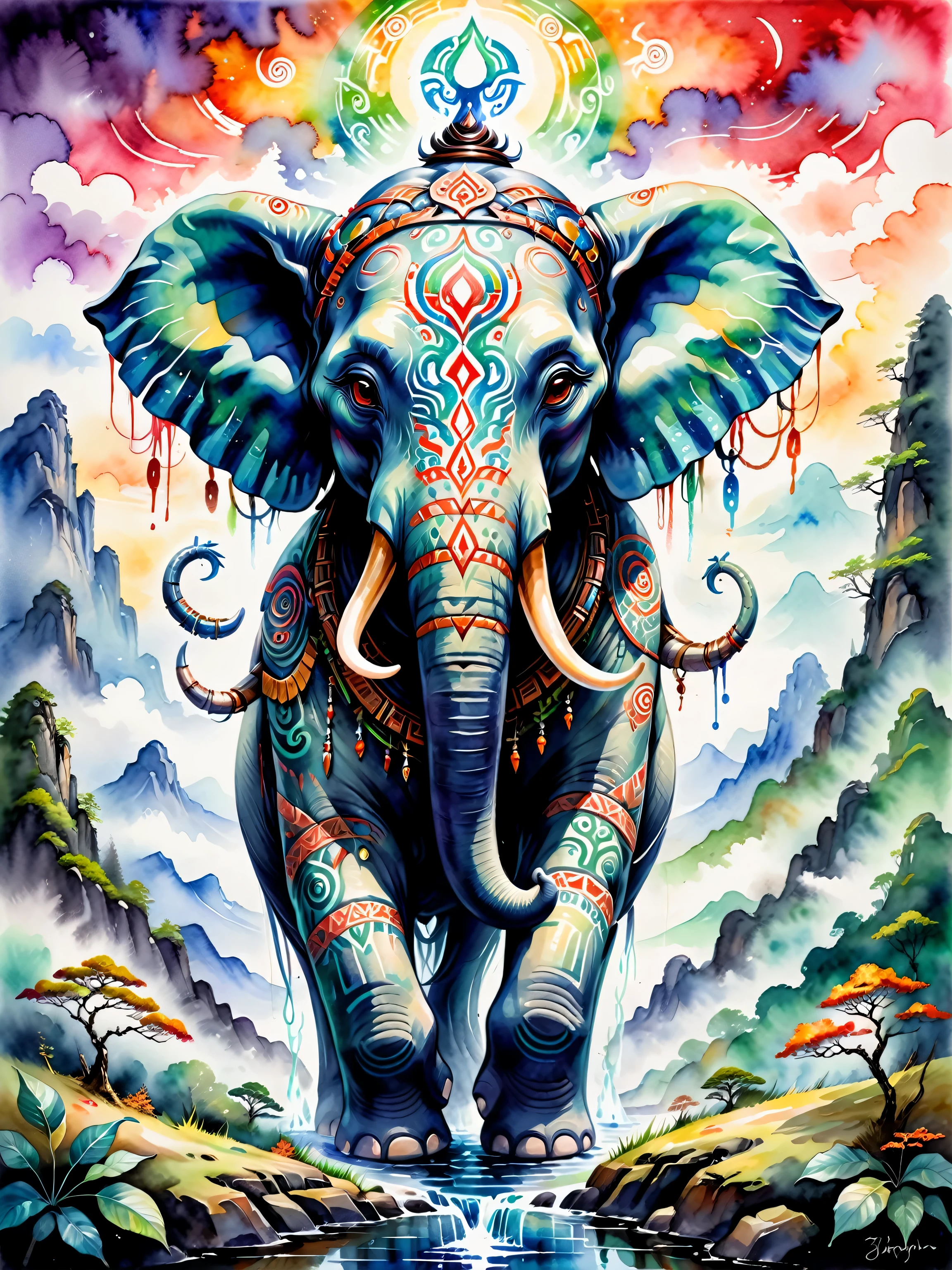 Tattoo concept art, cybernetic elephant head, Symmetrical psychedelic watercolor, tribal art, tribal tattoo, like god, like god, like goddess, shaman, Druid, Ethereal ghost oil painting, Impressionism, Endless, japanese manga, Ghibli, coherent style, Watercolor award winning masterpiece for rent perfect picturesque original landscape cinematic art deviantart art station popular hot real dissolve ghost style