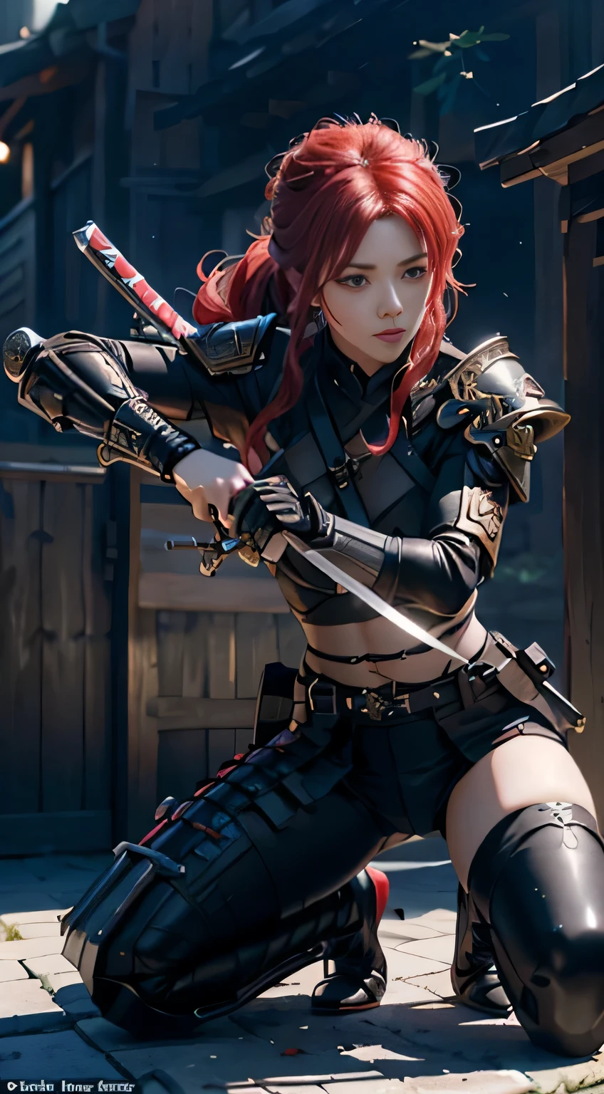 a woman kneeling down with a sword in her hand,very beautiful cyberpunk samurai,she is holding a katana sword,unsheathing her katana,she is holding a sword,ornate korean polearm behind her, realistic anime 3D style, cgsociety 9,2.5D cgi anime fantasy artwork, 3 d anime realistic.pose beautiful.redAssassin.Standing and sitting with his hands on his knees, Carry the sword on your shoulder.(Stand with your arms crossed over your chest, your back against the wall).hair white.ta fantasy. 
