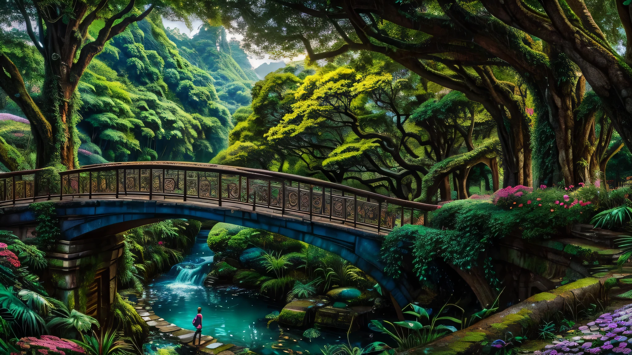 8K, Beautiful botanical collage with peacock pictures, only human lips, made of ruins, Taipei City, picture of a tree with a bridge, fantasy valley with trees, highly detailed fantasy, fantasy tree, colorful detailed dreamscape, cosmic tree of life, the boy is looking at the photo