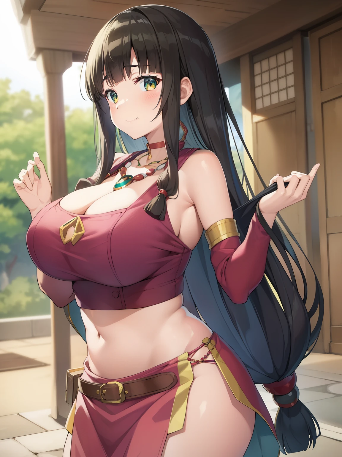 Gargantia on the Verdurous Planet、Saaya、chubby big tits milf、chubby big tits milf、chubby big tits milf、blush、bright smile、closed mouth、long hair、black hair、brown eyes、side lock、medium breasts、Red crop top、Yellow sleeves、Removable sleeves、pink belt, abdomen, cleavage, red skirt, necklace, beads, Are standing, look at viewer, outdoor, sea fleet city「Gargantia fleet」A -yeld beiful girl who works as a messenger in。Although she has a gentle personality、I&#39;m sure about money。Understands men&#39;s tastes、I feel very proud of my voluptuous body.、Although she looks neat and tidy, you can get a glimpse of her sexually free temperament.。