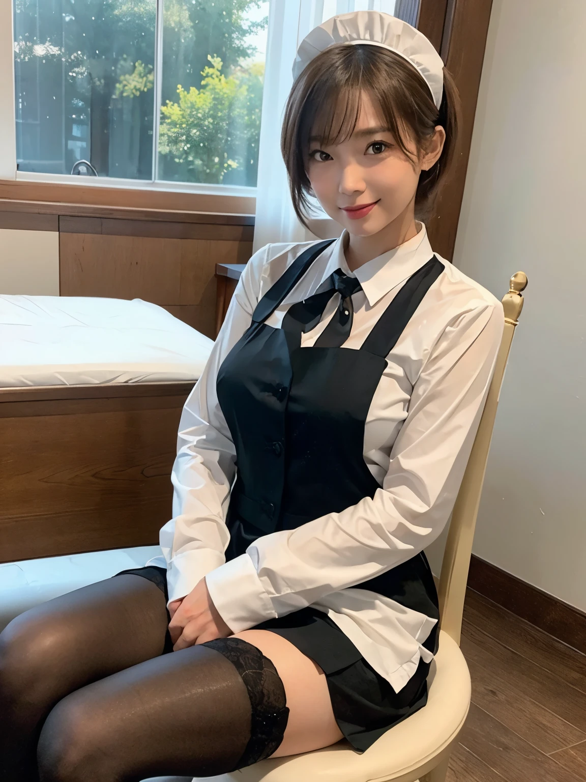 (8K, RAW photo, highest quality, masterpiece:1.2), (realistic, photo-realistic:1.37), super detailed, ultra high resolution,1 girl,looking at the viewer,beautiful detailed face,smile,narrow,(slim waist:1.3), Beautiful and smooth skin, skin texture, floating hair,professional lighting, maid costume, maid headdress, frills, short skirt, maid apron, (shiny oily skin:1.25), Sitting on a white carpet, pantyhose, Thighhighs, knee high,