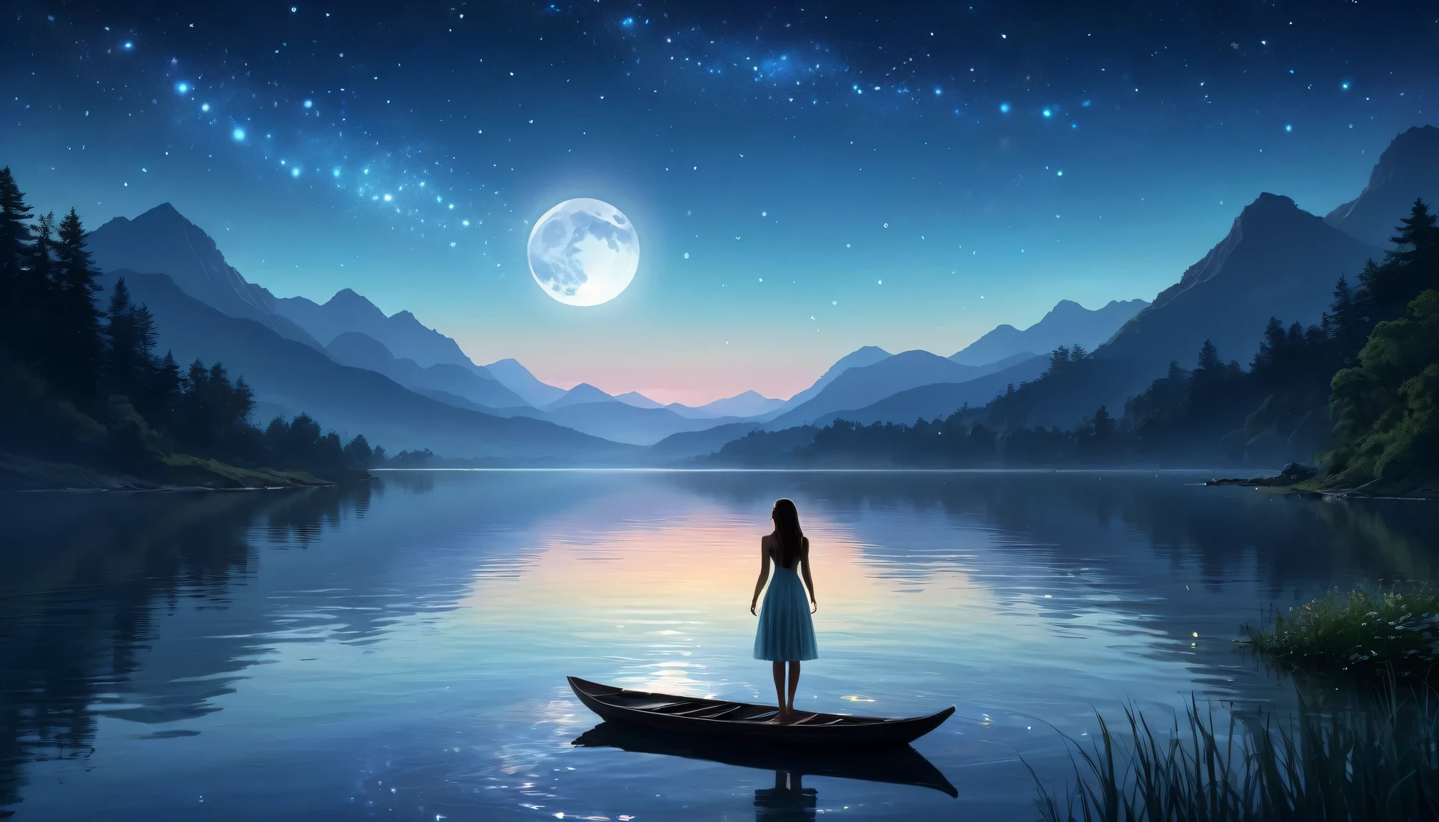 (high resolution,best quality,actual),1 girl,standing on the lake,Gaze at the moon,sparkling reflection on water,serene atmosphere,(ethereal, ethereal beauty:1.1),(flowing long hair,flowing dress),(Soft moonlight illuminates the scene),(mystery,Obsessed),water ripples,(whiss,Moderate breeze),calm and quiet night,stars shining in the sky,(delicate,delicate colors),(sublimation,sublimation beauty),(contour, contour figure),(peaceful,peaceful expression),(distant mountains,Tree in the distance),(dreamlike,dreamlike scene),(peaceful,peaceful setting),(magic,magic moment),(Lush green plants, lush surroundings),(ethereal reflections,reflection on water),(majestic,majestic view),(charming,charming sight),(peaceful,brooding mood),(light illuminates darkness),(peaceful,serene aura),(Moderate,Moderate waves),(Starlight,Starlight sky),(shining,starry night),(serene,serene beauty),(fantastic,fantastic atmosphere),(Lakeside scene,lake view),(dream,dream landscape),(ethereal,ethereal ambiance),(mystery,mystery aura),(quiet,quiet surroundings),(Lonely,serene Lonely)