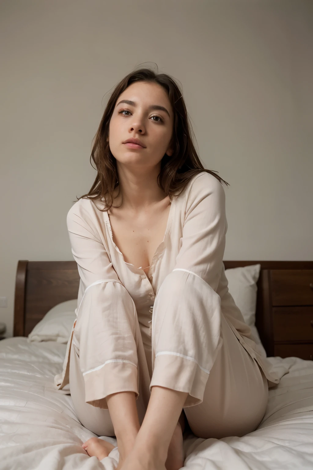 ((Mejor calidad)), ((obra maestra)), (detallado), cara perfecta, woman waking up, disheveled hair, no makeup, natural, with dark circles under her eyes, in pajamas, sitting in bed looking sideways, simple, with great detail, realistic