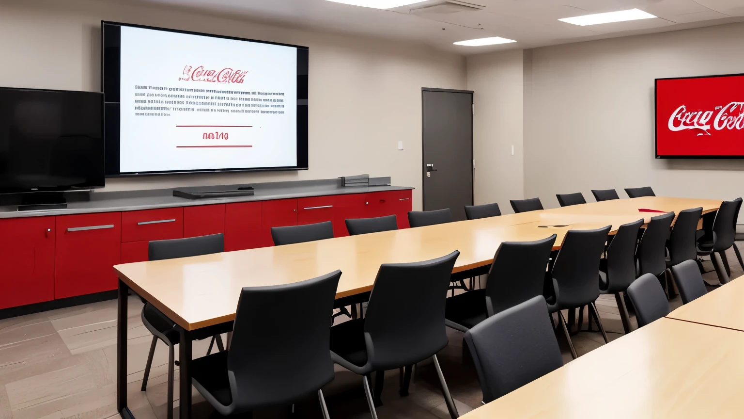 create an image with a person administering training on food safety, in a training room with the content on the screen with employees wearing gray uniforms with red Coca-Cola details sitting on red university chairs