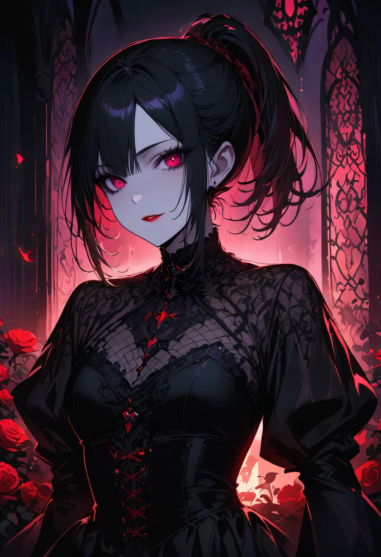 (high quality: 1.3), lens, masterpiece, (sharp focus: 1.5), (lifelike: 1.3), medium portrait (A beautiful young vampire woman, pale skin, Gothic, Still proud and fierce, Black short bob straight hair, dark appearance, Wearing a sophisticated dark tunic, dark atmosphere, But shape it in a way that contrasts light and dark), it&#39;night, (highly refined skin), (Detailed face), Detailed background, dark light, twilight lighting, Volumetric lighting, intricate details, ultra high definition,