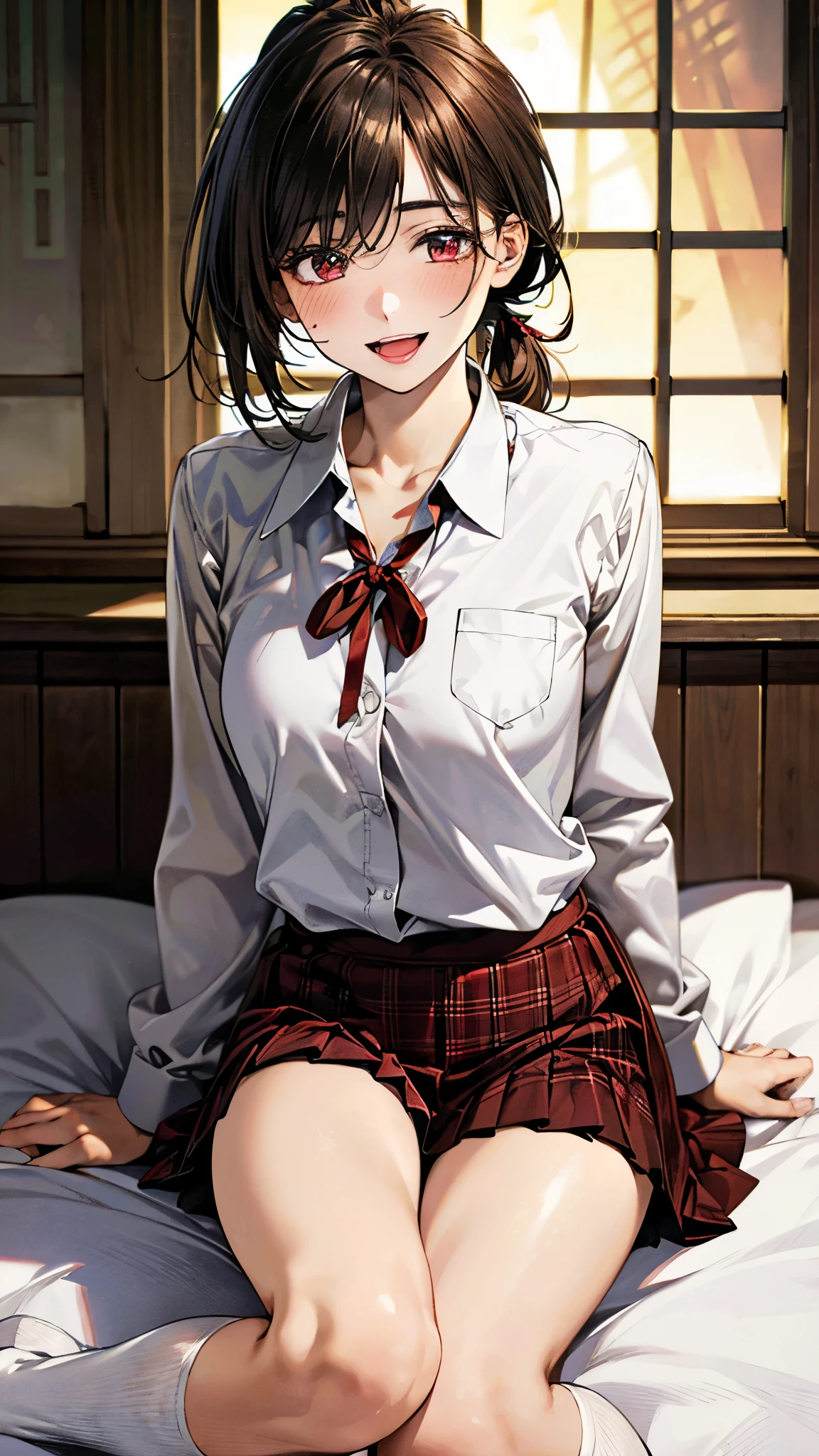 (masterpiece:1.3, top-quality, ultra high res, ultra detailed), (realistic, photorealistic:1.4), beautiful illustration, perfect lighting, natural lighting, colorful, depth of fields, 
beautiful detailed hair, beautiful detailed face, beautiful detailed eyes, beautiful clavicle, beautiful body, beautiful chest, beautiful thigh, beautiful legs, beautiful fingers, 
looking at viewer, front view:0.6. 1 girl, japanese, high school girl, perfect face, (perfect anatomy, anatomically correct), cute and symmetrical face, babyface, , shiny skin, 
(short hair:1.7, high ponytail:1.6, brown hair), crossed bangs, dark brown eyes, slant eyes, long eye lasher, (medium breasts), slender, 
(collared white shirt, dark red plaid pleated skirt, dark red neck ribbon), no socks, 
(beautiful scenery), evening, (room2), sitting bed, (hand in hair), (seductive smile, upper eyes, open mouth),