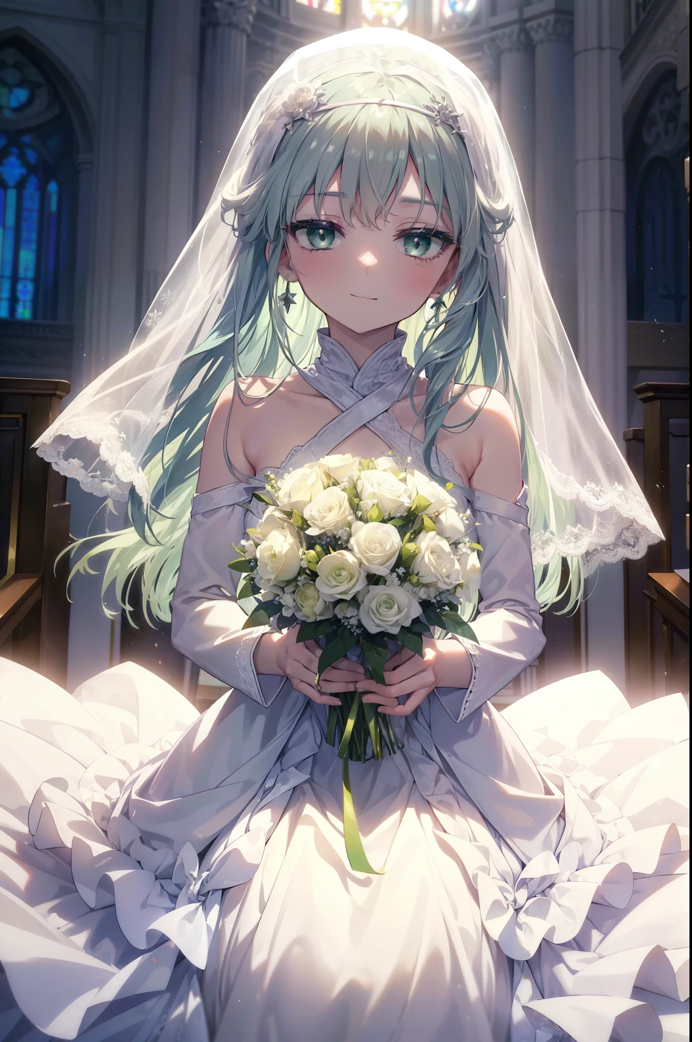index, index, (green eyes:1.5), silver hair, long hair, (flat chest:1.2), Wedding dress,veil wedding skirt,bouquet,bouquetトス,holding a large bouquet of flowers in both hands,Stand Glass, happy smile, smile, 口を開ける
break looking at viewer, Upper body, whole body,
break indoors, church,chapel,
break (masterpiece:1.2), highest quality, High resolution, unity 8k wallpaper, (figure:0.8), (detailed and beautiful eyes:1.6), highly detailed face, perfect lighting, Very detailed CG, (perfect hands, perfect anatomy),