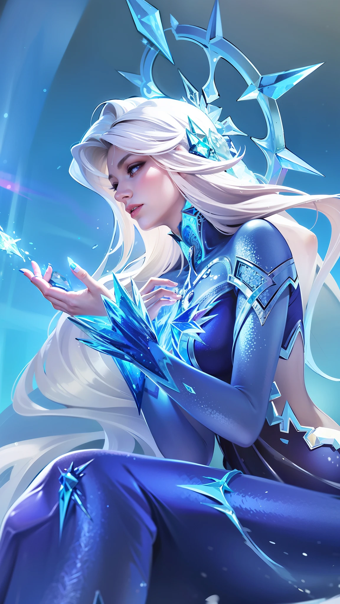there is a woman in a blue dress sitting on a rock, ice sorceress, queen of ice and storm, ice mage, crystalline skin, ice queen, crystal maiden, beautiful ancient frost witch, ice spell, goddess of winter, extremely detailed artgerm, artgerm detailed, ig model | artgerm, artgerm. high detail