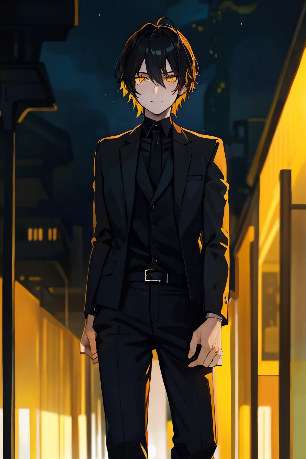 masterpiece, best quality, illustration, urban fantasy, black theme, night, alley, 1boy, mature, very short hair, glowing yellow eyes, black suit