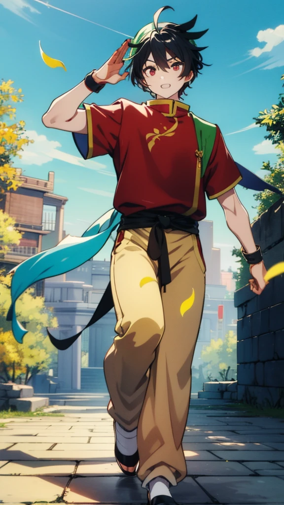 (high-quality, breathtaking),(expressive eyes, perfect face) ( masterpiece, anime screencap), Tir McDohl, 1boy, male, solo, young adult, medium hair length, spiky hair, soft wave, black hair color, red highlights in hair, deep red eye color, happy expression, energic expression, slightly narrow eyes, detailed eyes, bandana, chinese clothes, red shirt, white sleeves, yellow pants, full body, outdoors, walking in village, yellow maple leaves falling, blue sky, a dynamic pose, saluting, waving hand, hello, deatiled background, detailed eyes, masterpiece, high quality, 8k, cyan