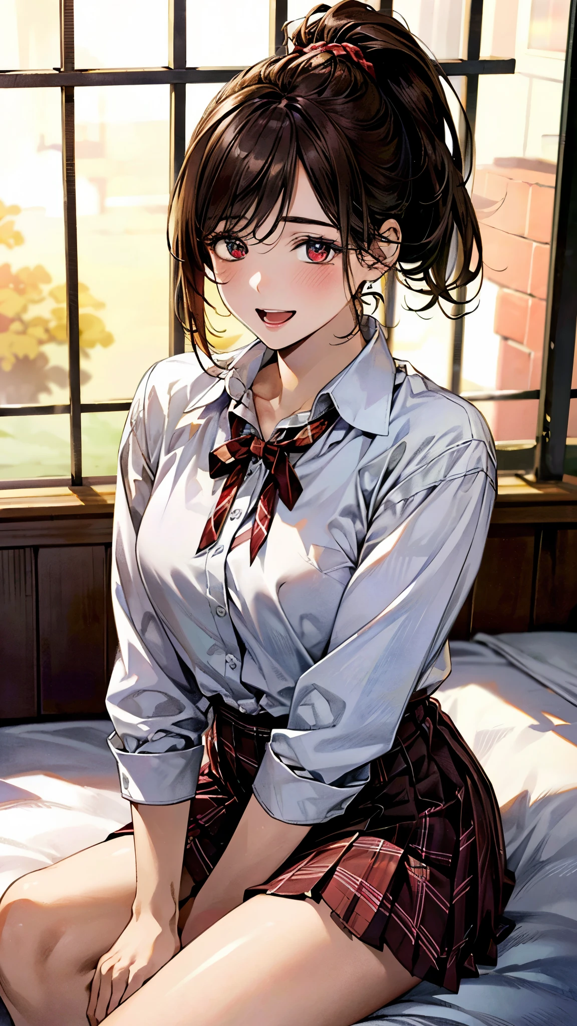 (masterpiece:1.3, top-quality, ultra high res, ultra detailed), (realistic, photorealistic:1.4), beautiful illustration, perfect lighting, natural lighting, colorful, depth of fields, 
beautiful detailed hair, beautiful detailed face, beautiful detailed eyes, beautiful clavicle, beautiful body, beautiful chest, beautiful thigh, beautiful legs, beautiful fingers, 
looking at viewer, front view:0.6. 1 girl, japanese, high school girl, perfect face, (perfect anatomy, anatomically correct), cute and symmetrical face, face, , shiny skin, 
(short hair:1.7, high ponytail:1.6, brown hair), crossed bangs, dark brown eyes, slant eyes, long eye lasher, (medium breasts), slender, 
(collared white shirt, dark red plaid pleated skirt, dark red neck ribbon), bottomless,
(beautiful scenery), evening, (room2), sitting bed, (hand in hair), (seductive smile, upper eyes, open mouth),